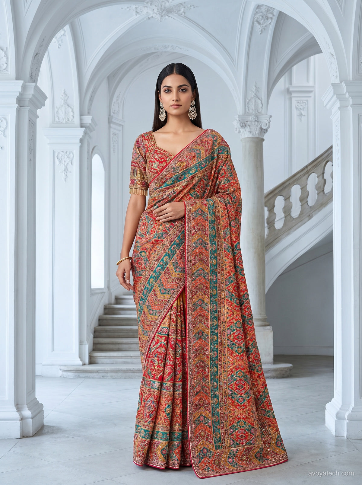 Elegant Red & Teal Soft Silk Saree with Intricate Traditional Print