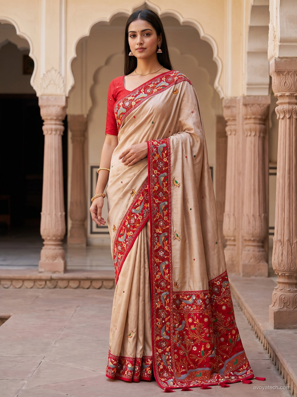 Beige and Rust Red Floral Printed Saree