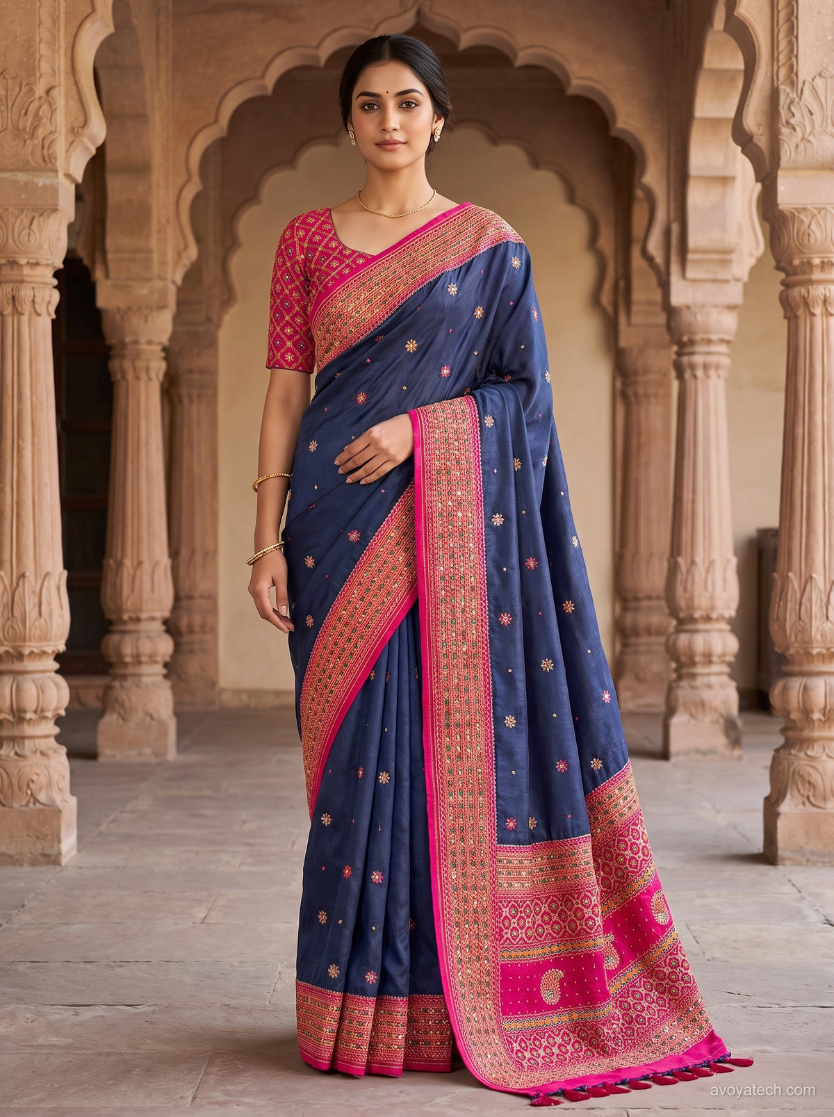 Navy Blue and Pink Traditional Printed Saree