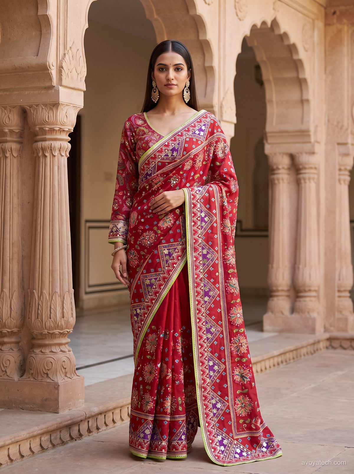 Red Soft Fabric Designer Saree with Multicolour Embroidered Border