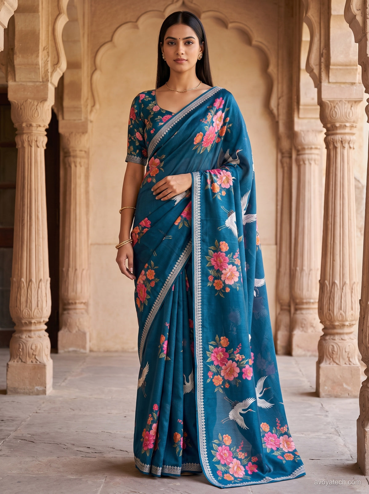 Teal Blue Soft Fabric Saree with Floral & Crane Print Main image