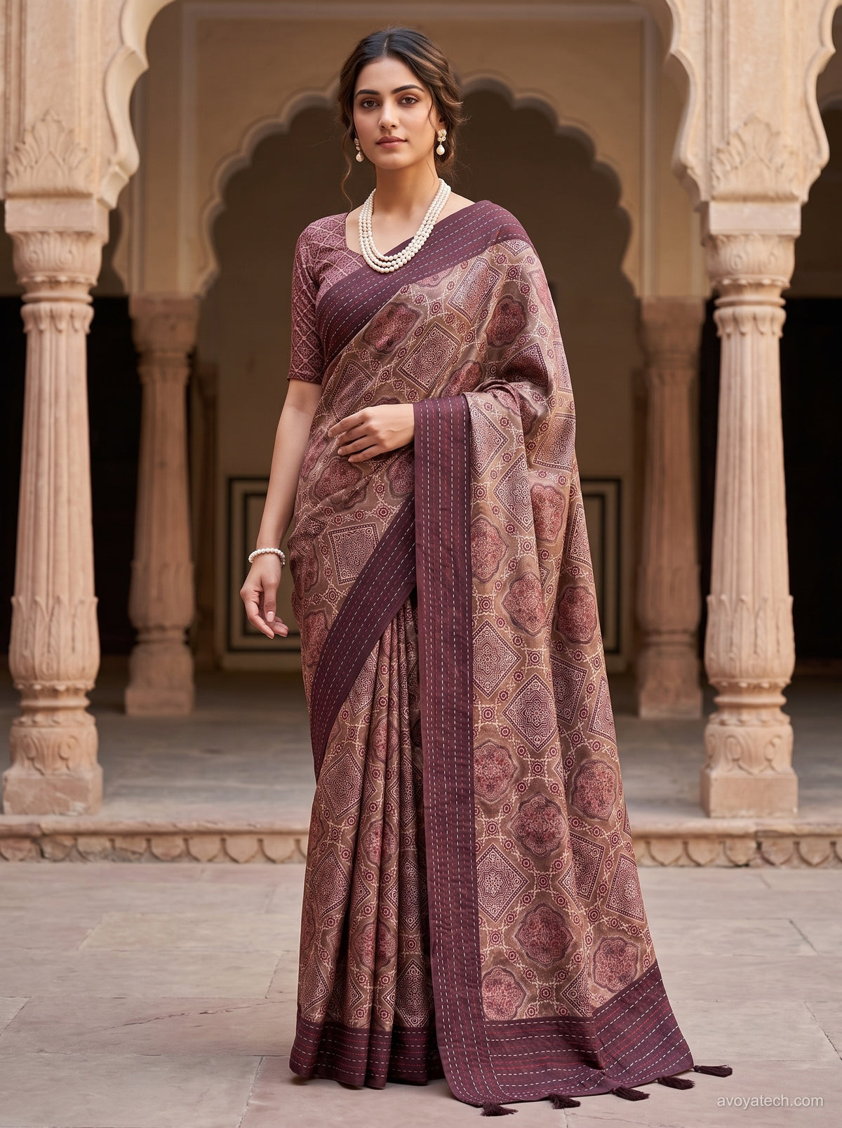 Wine & Beige Soft Fabric Saree with Traditional Geometric Print Main image