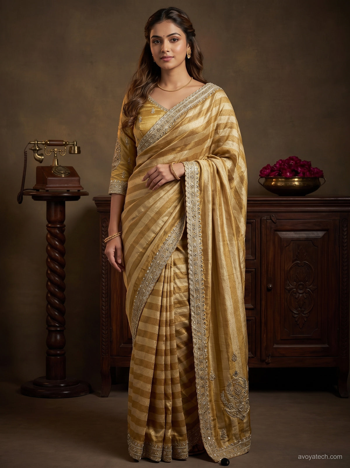 Yellow Silk Saree with Striped Pattern