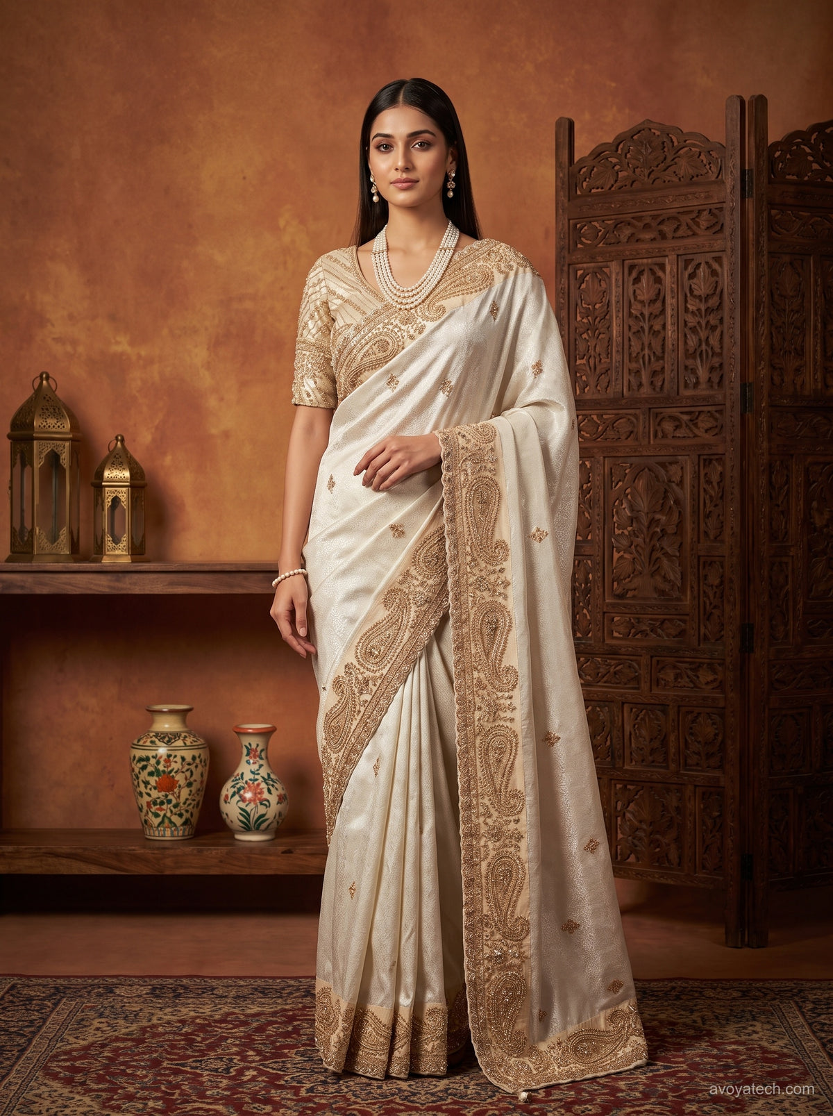 Ivory White Silk Saree with Golden Embroidery