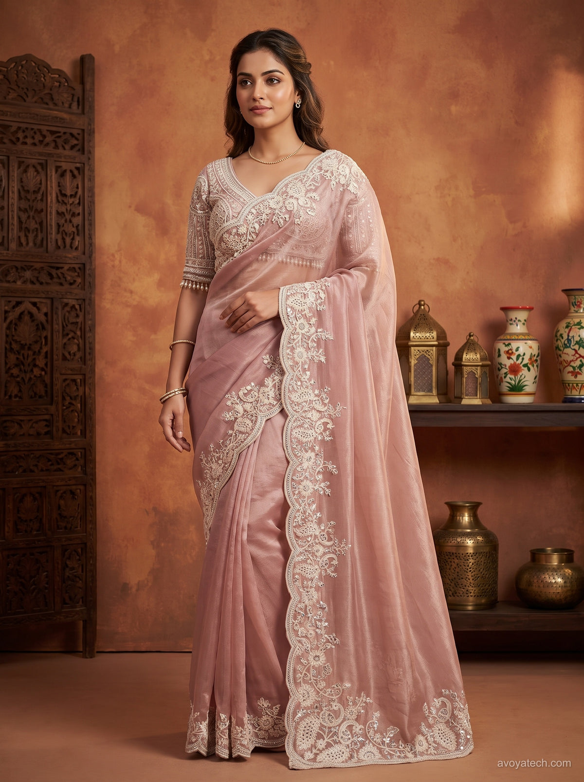 Elegant Pink Organza Saree with Intricate White Embroidery