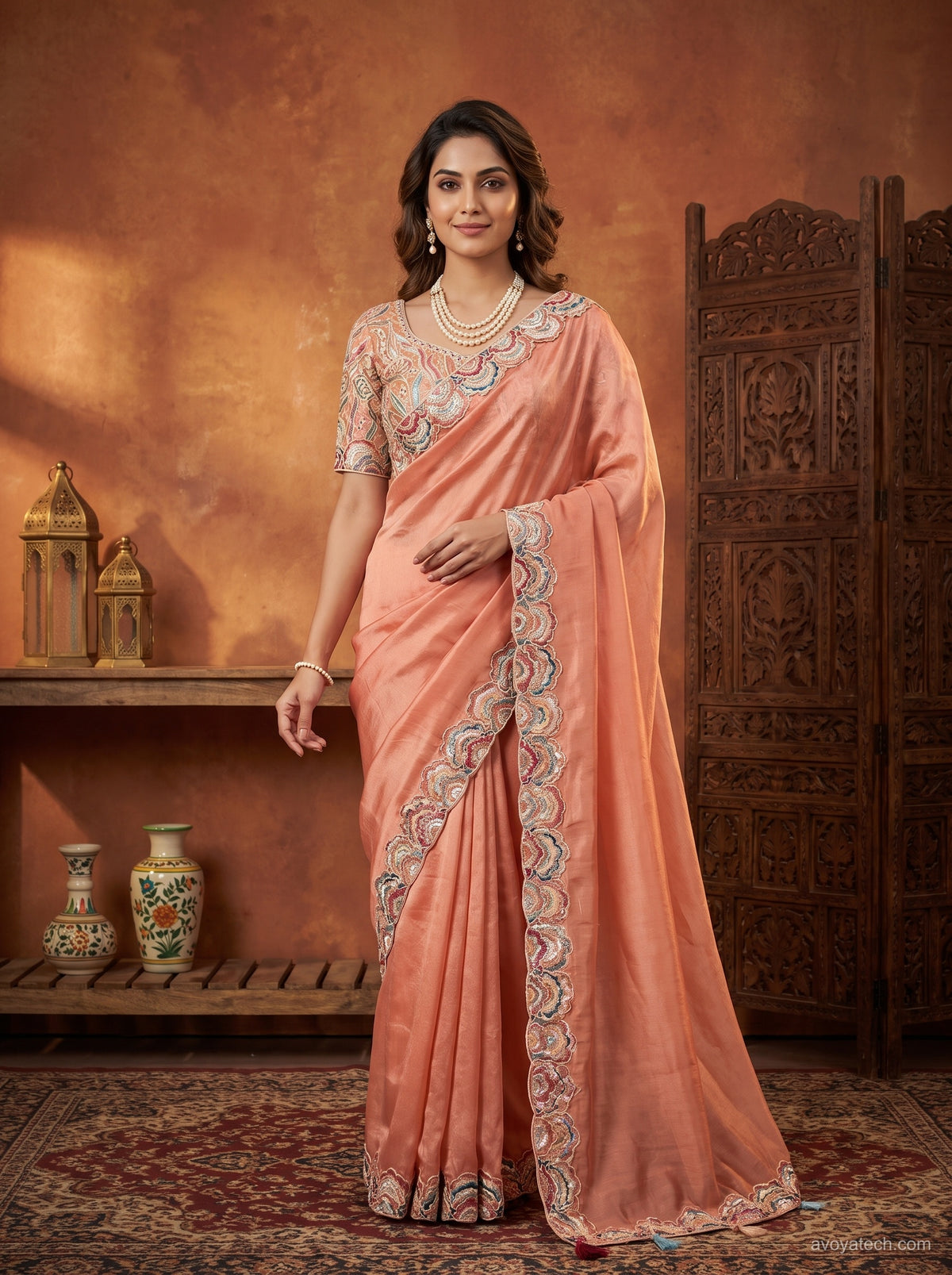 Elegant Peach Silk Saree with Designer Embroidered Border Main image