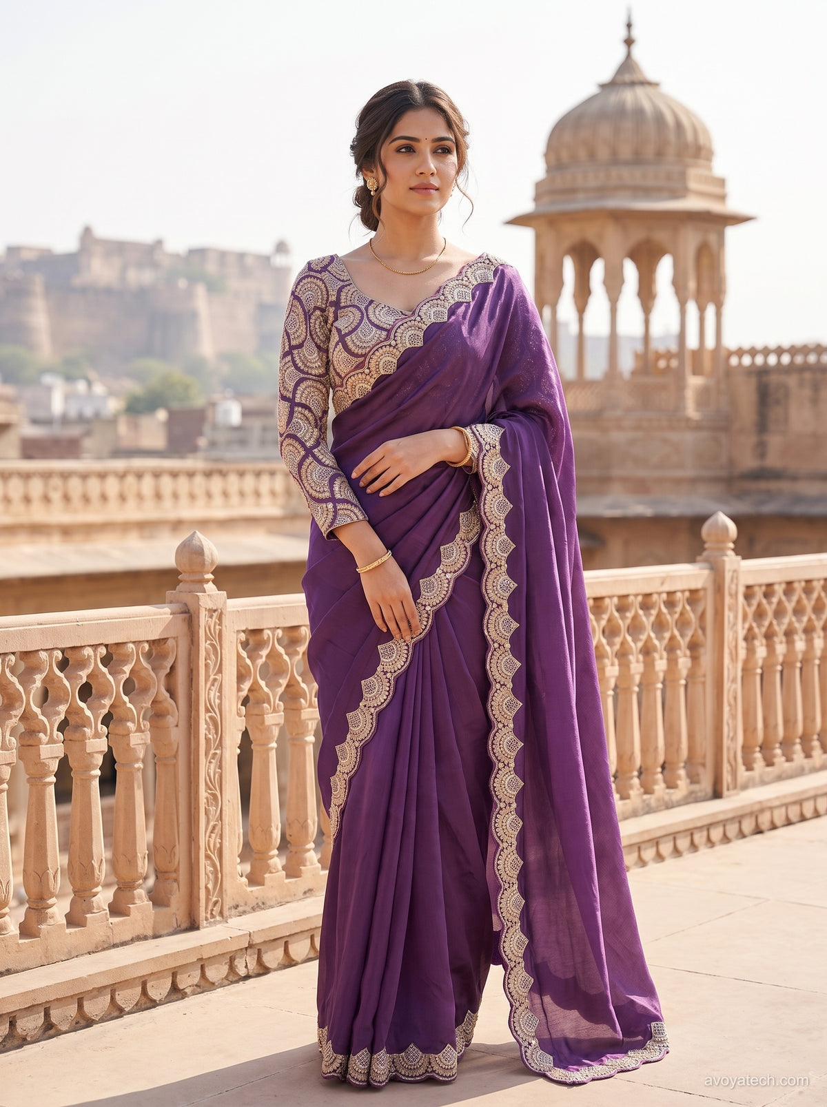 Elegant Purple Organza Saree with Scalloped Embroidered Border