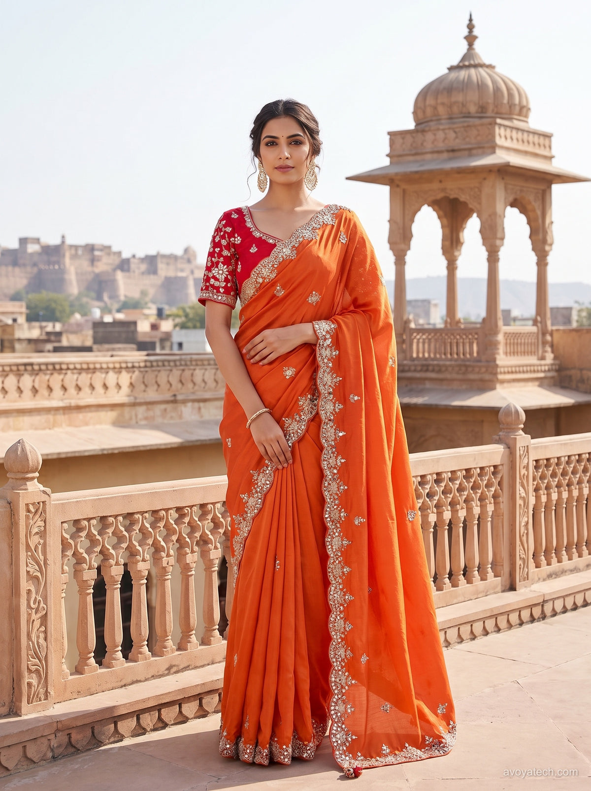 Orange Soft Fabric Saree with Intricate Silver Embroidery