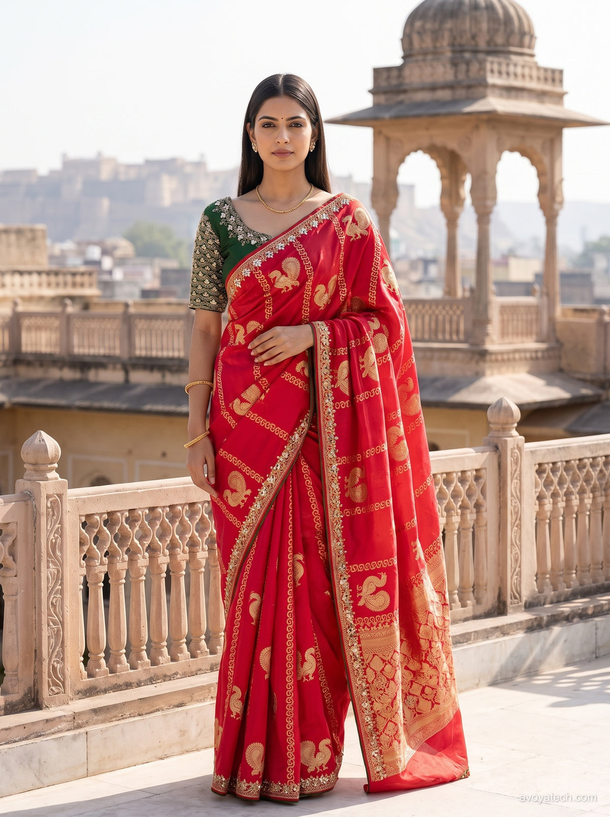 Red Soft Fabric Saree with Golden Paisley Motifs