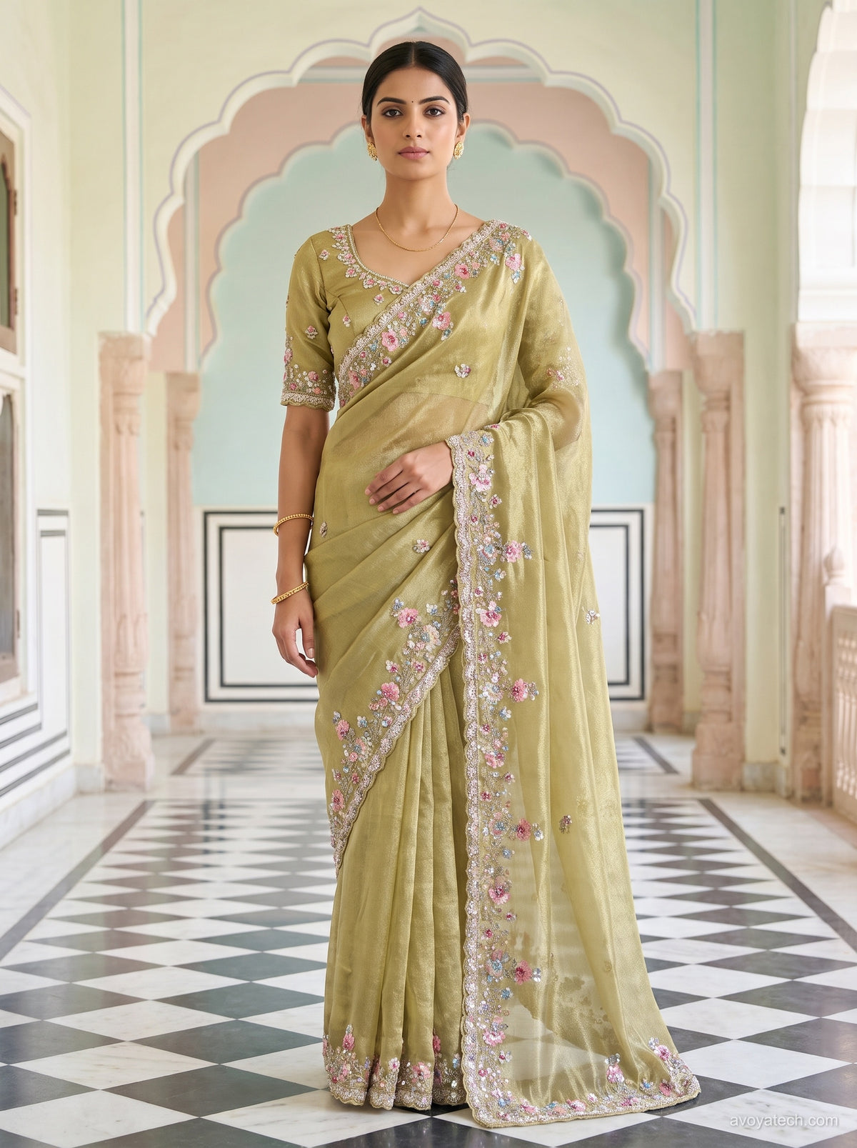 Olive Green Saree with Multicolour Floral Embroidered Border Main image
