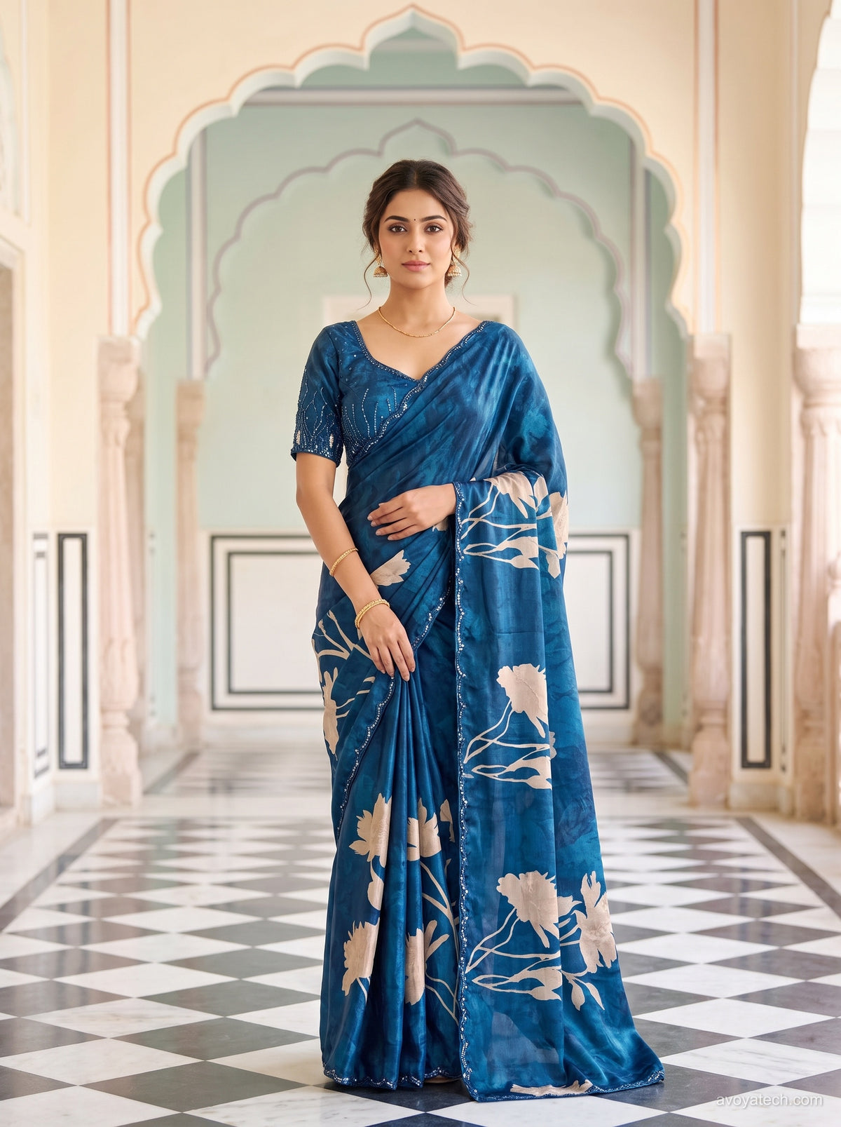 Royal Blue Soft Fabric Floral Print Saree