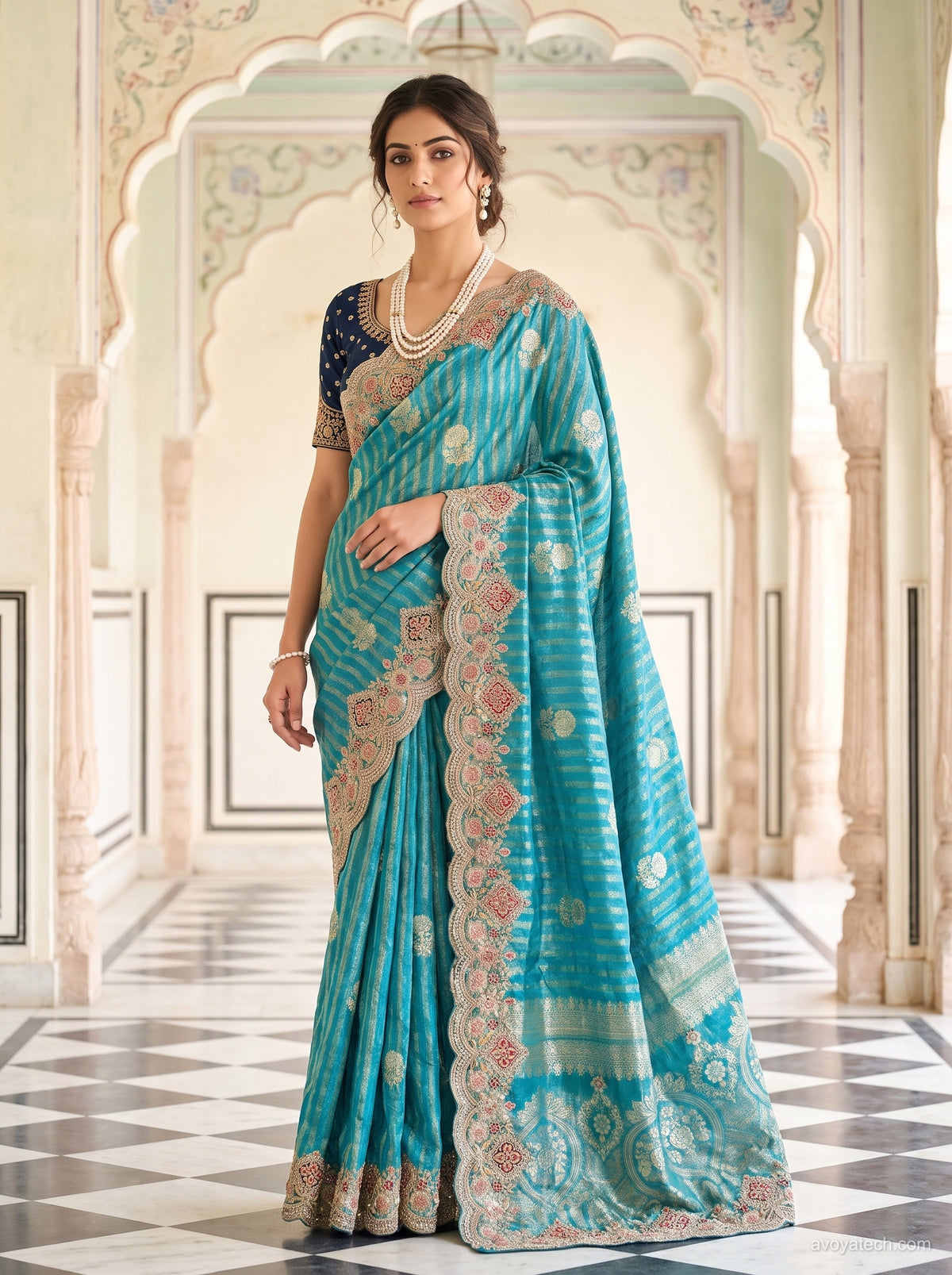 Sky Blue Silk Saree with Designer Embroidered Border Main image