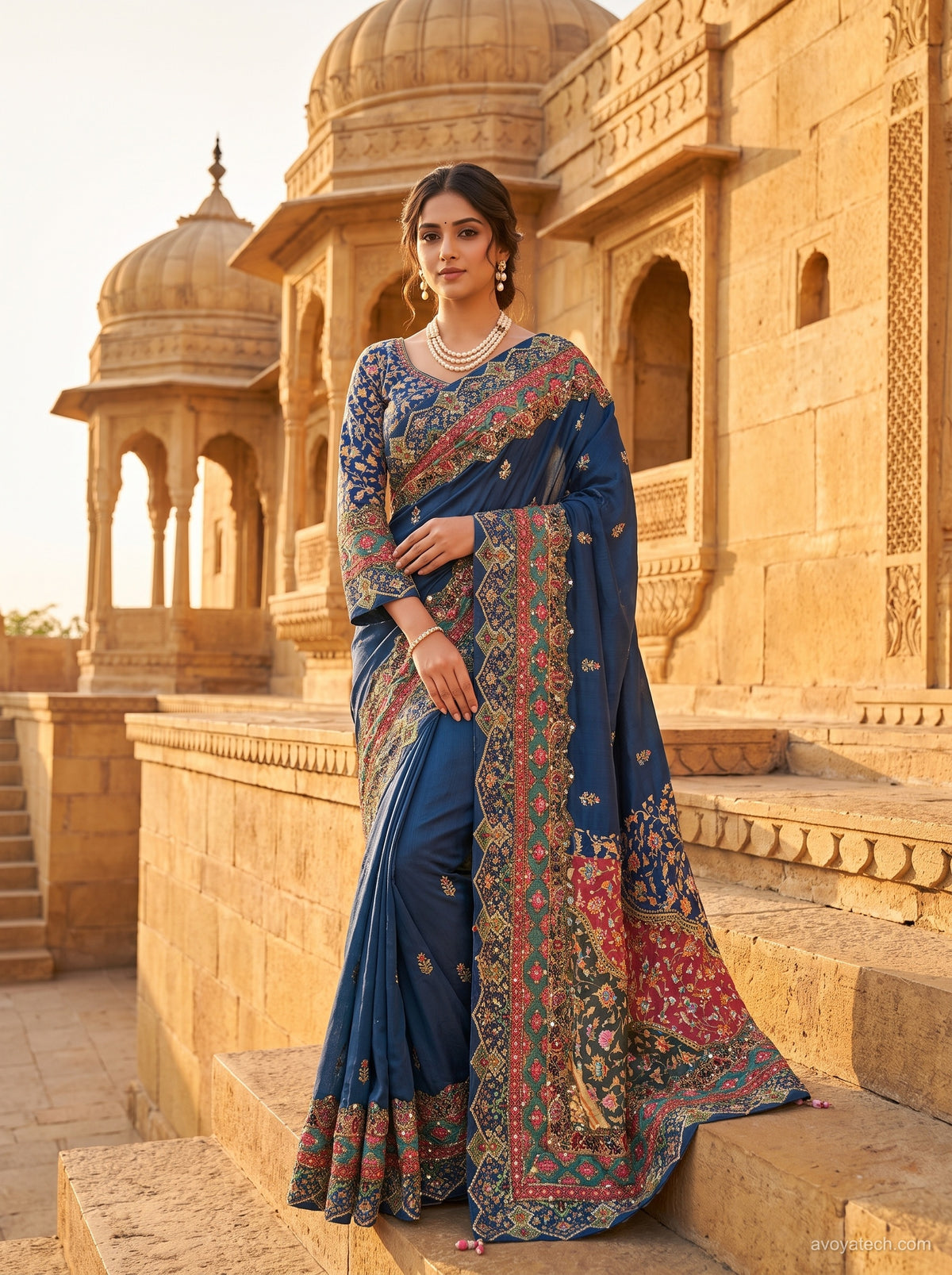 Royal Blue Soft Fabric Designer Saree with Multicolour Embroidered Border Main image
