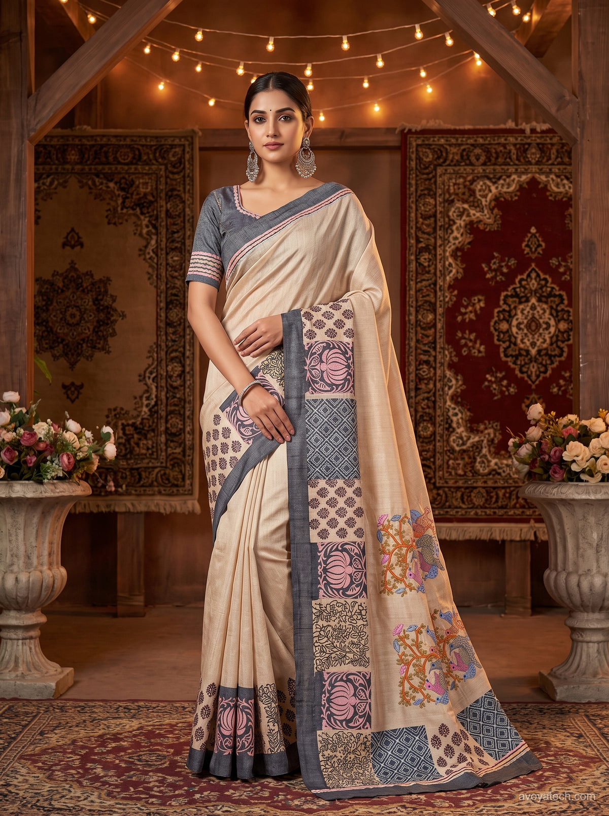 Ivory Grey Printed Saree with Multicoloured Pallu