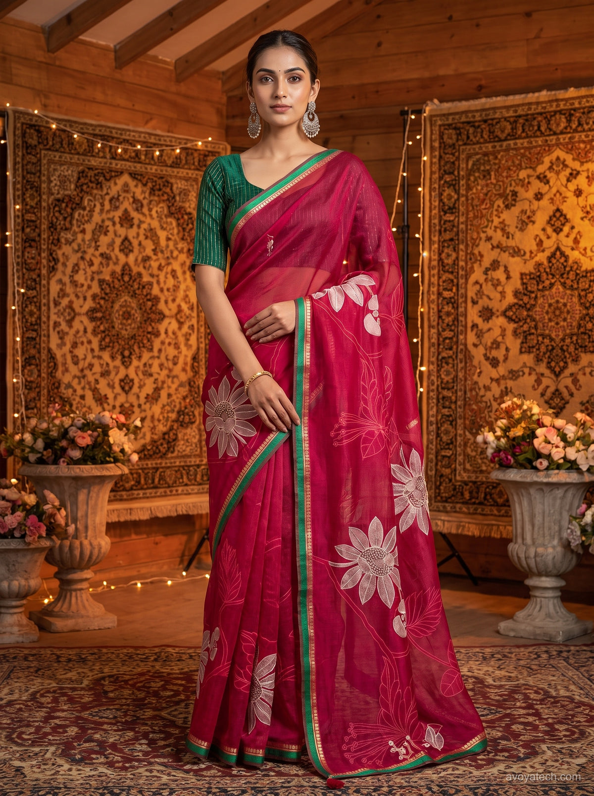 Pink Floral Printed Saree