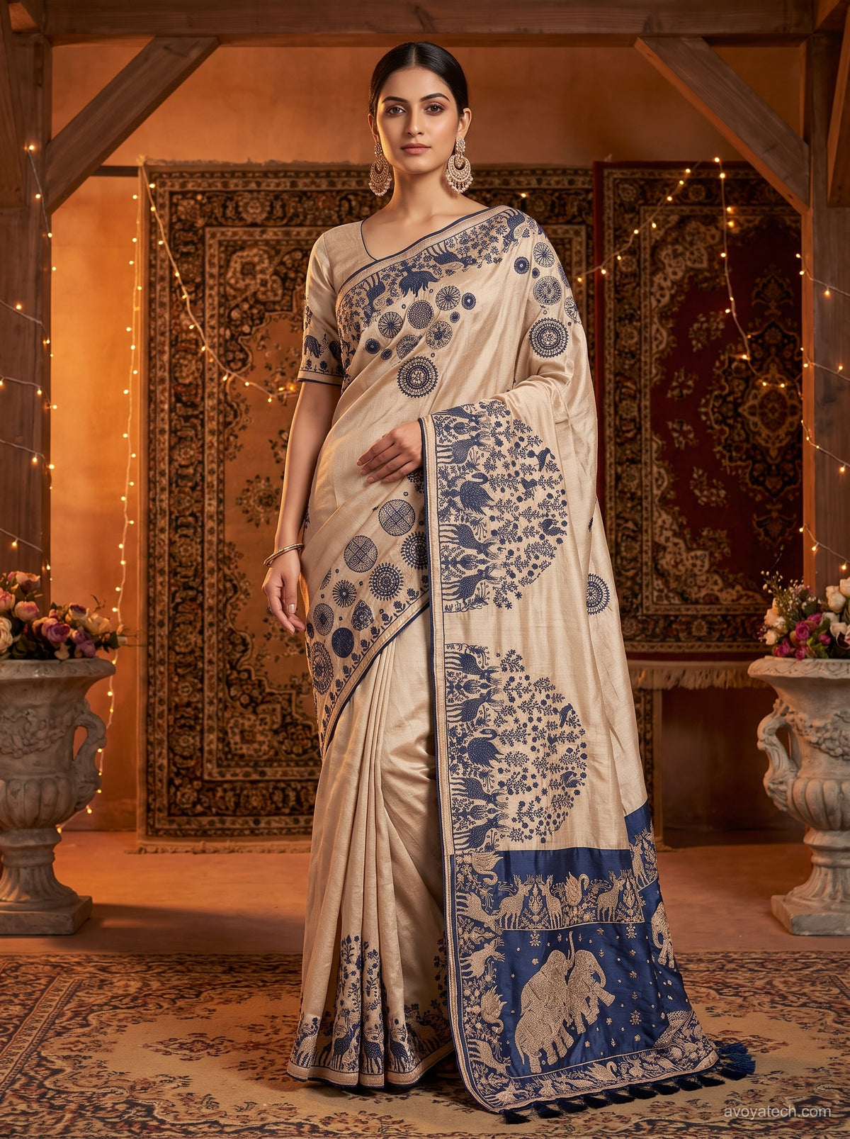 Ivory Blue Floral Printed Saree