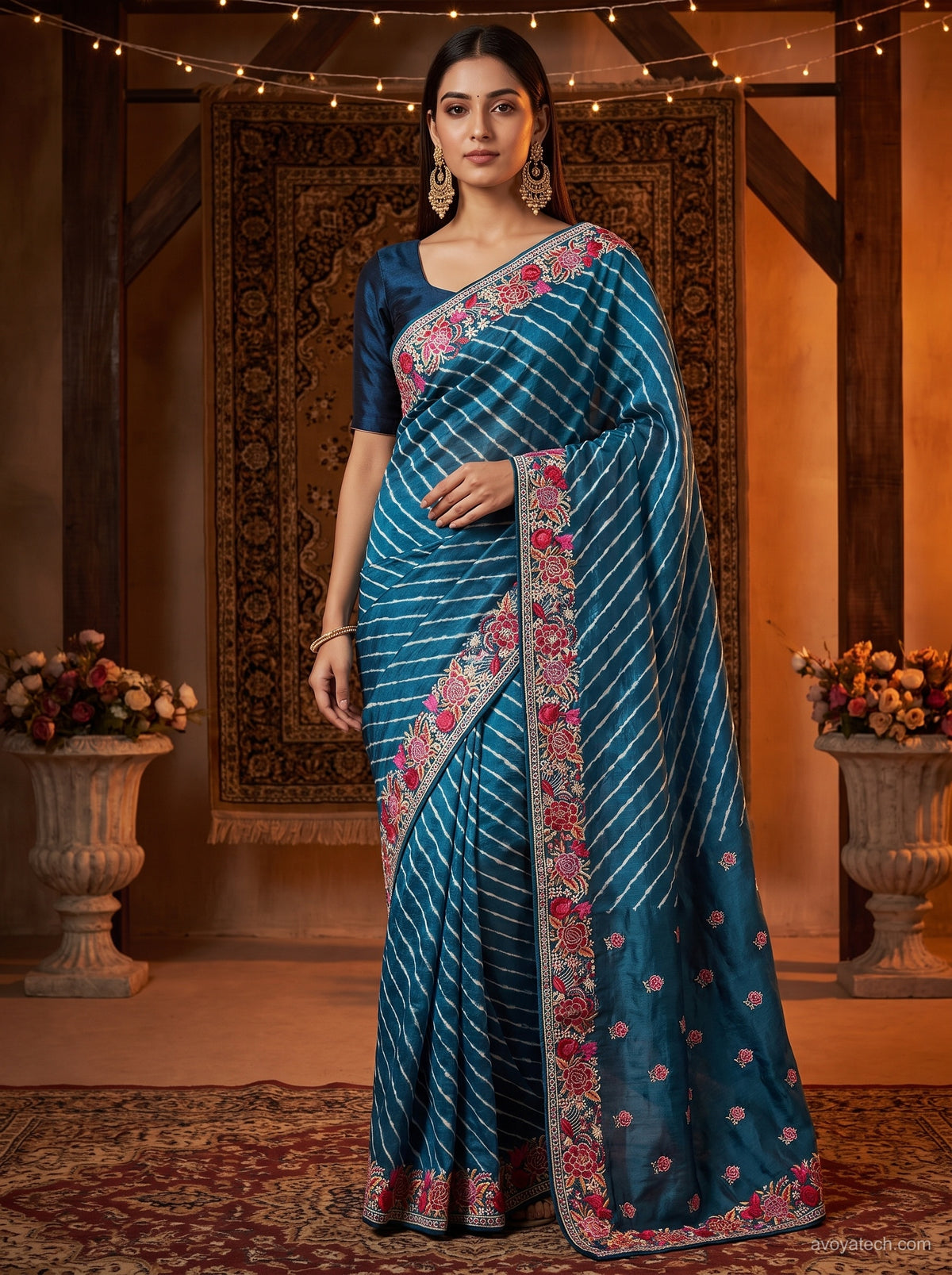 Teal Blue Floral Printed Saree