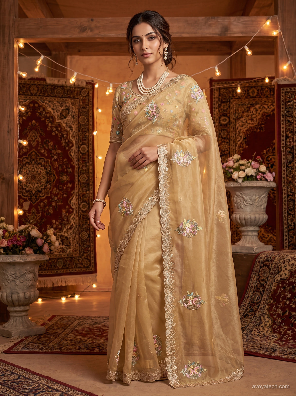 Pista Green Organza Saree with Multicolour Floral Embroidery Main image