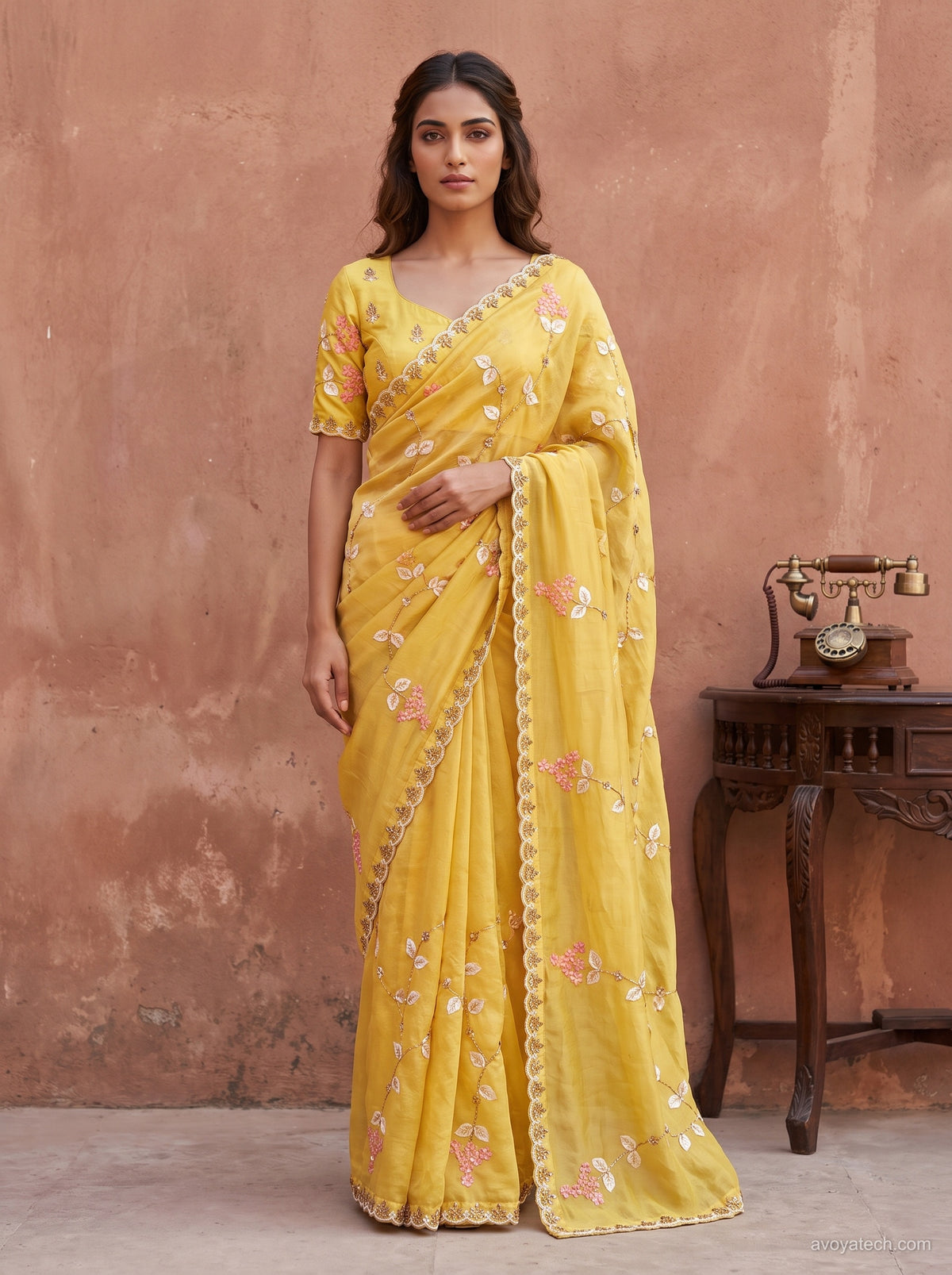 Elegant Yellow Organza Saree with Floral Embroidery Main image