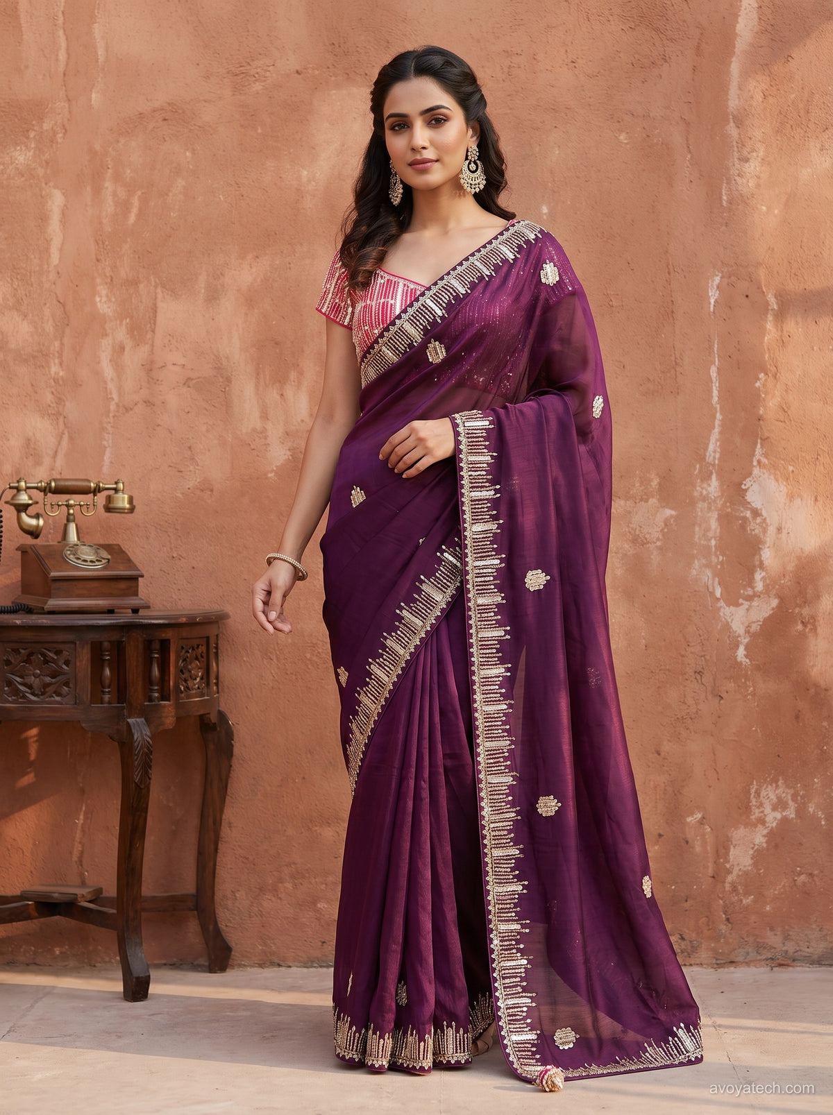 Royal Purple Organza Saree with Elegant Sequin Embroidery