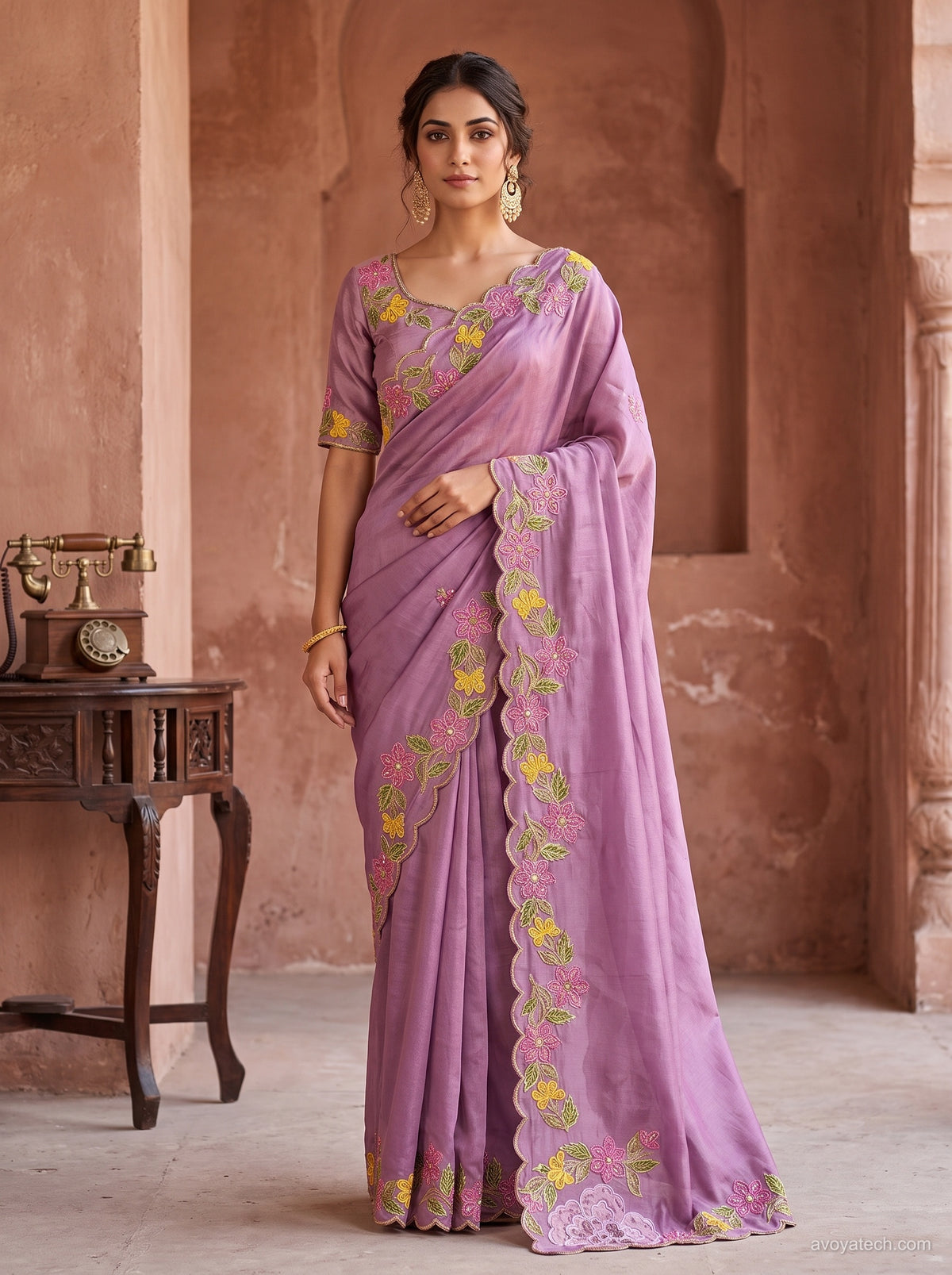 Mauve Soft Fabric Saree with Floral Embroidered Border