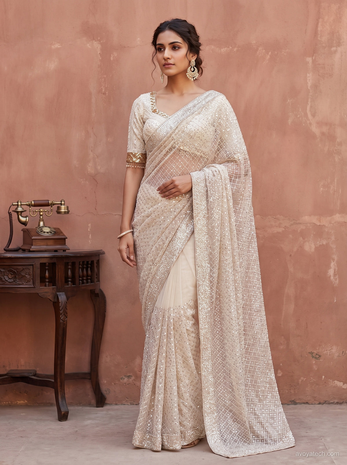 Cream Net Saree with Sequin & Embroidered Border
