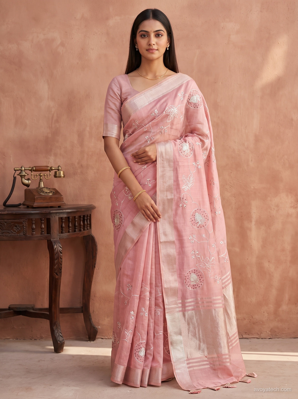Blush Pink Tissue Saree with Floral Embroidery Main image