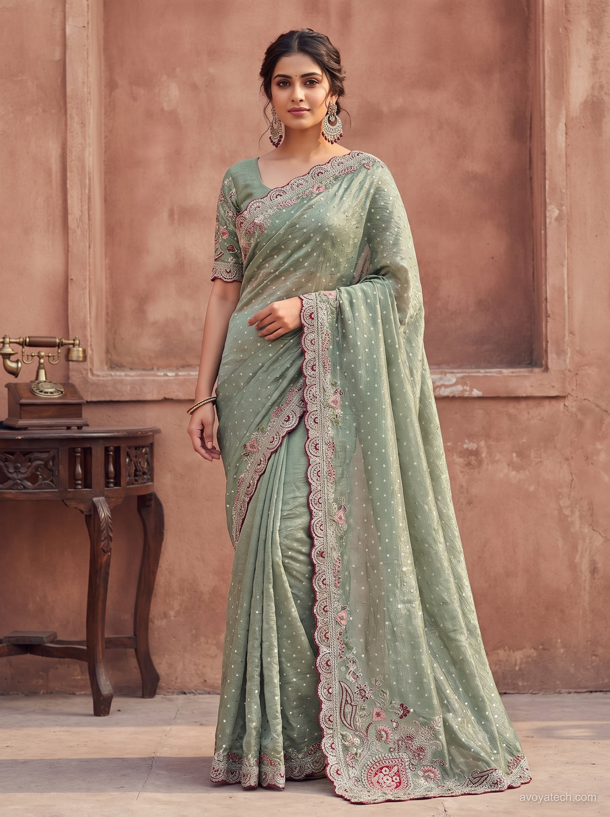 Sage Green Tissue Saree with Delicate Embroidery