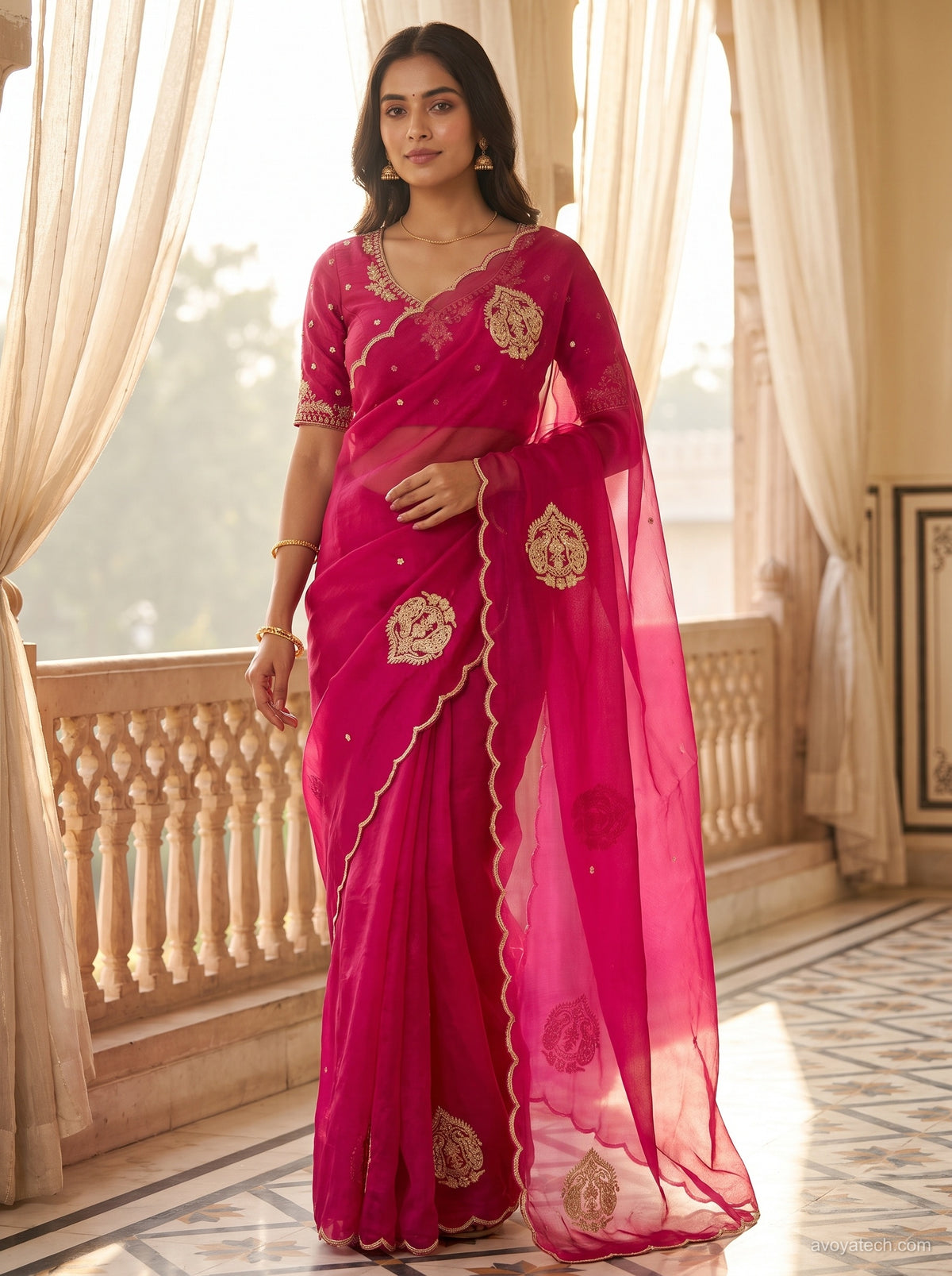 Red Organza Saree With Gold Embroidered Motifs and Scalloped Border