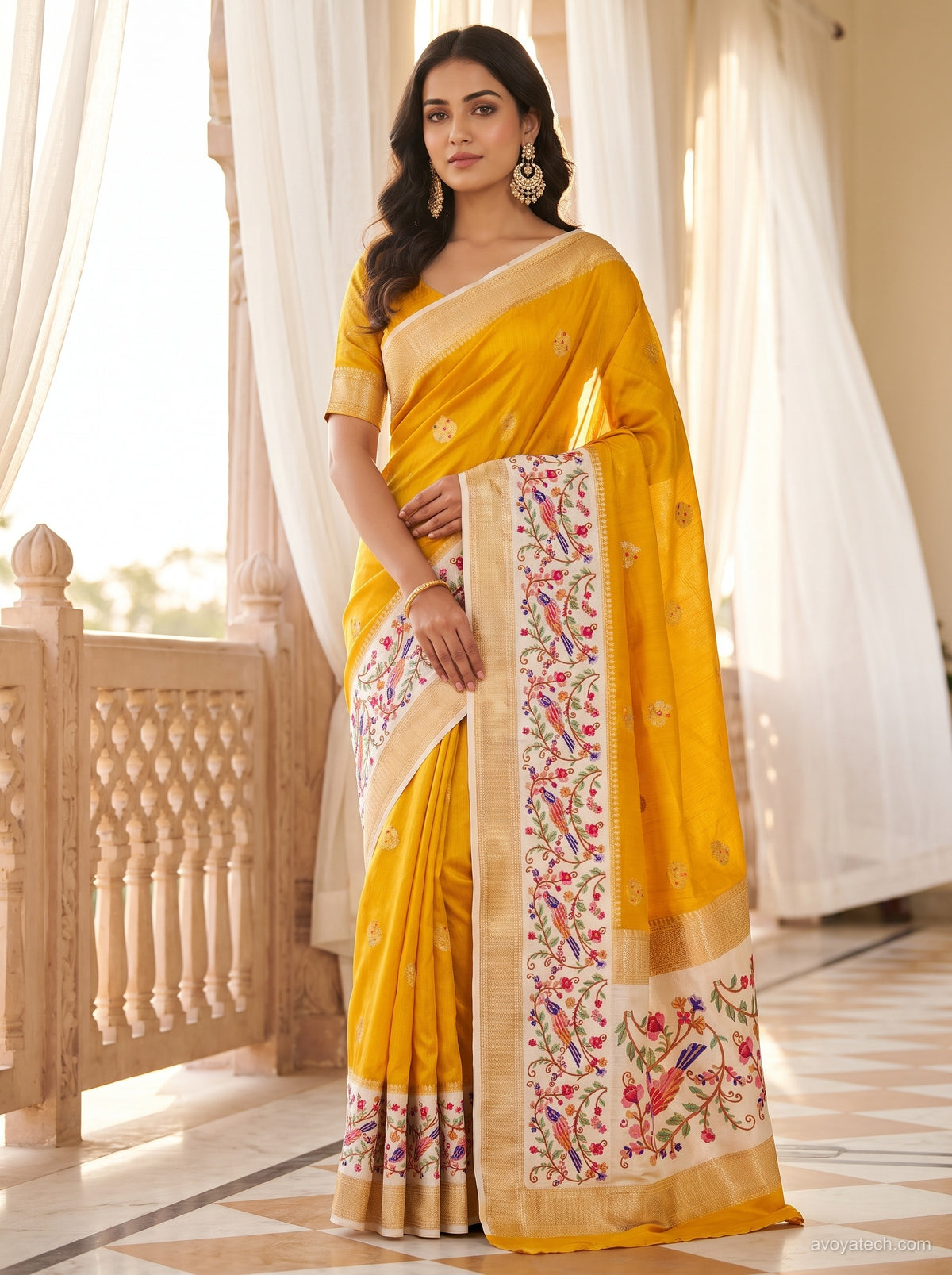 Yellow Soft Fabric Saree with Multicolour Floral Embroidered Border
