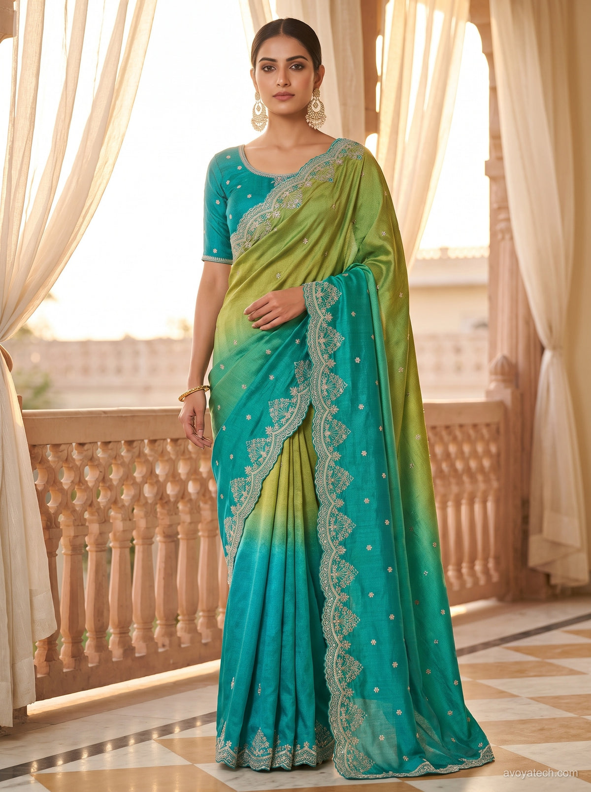 Lime Green and Turquoise Saree with Silver Embroidered Border