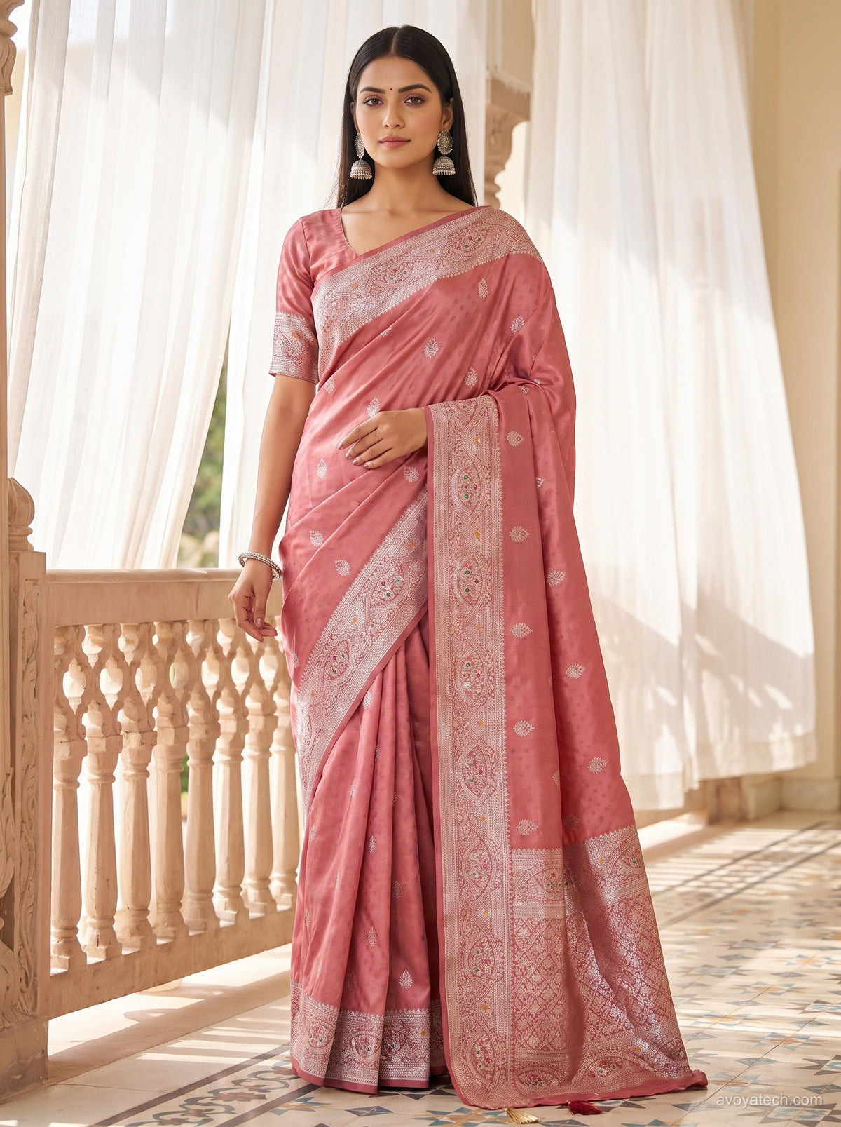 Elegant Dusty Pink Silk Saree with Designer Woven Border