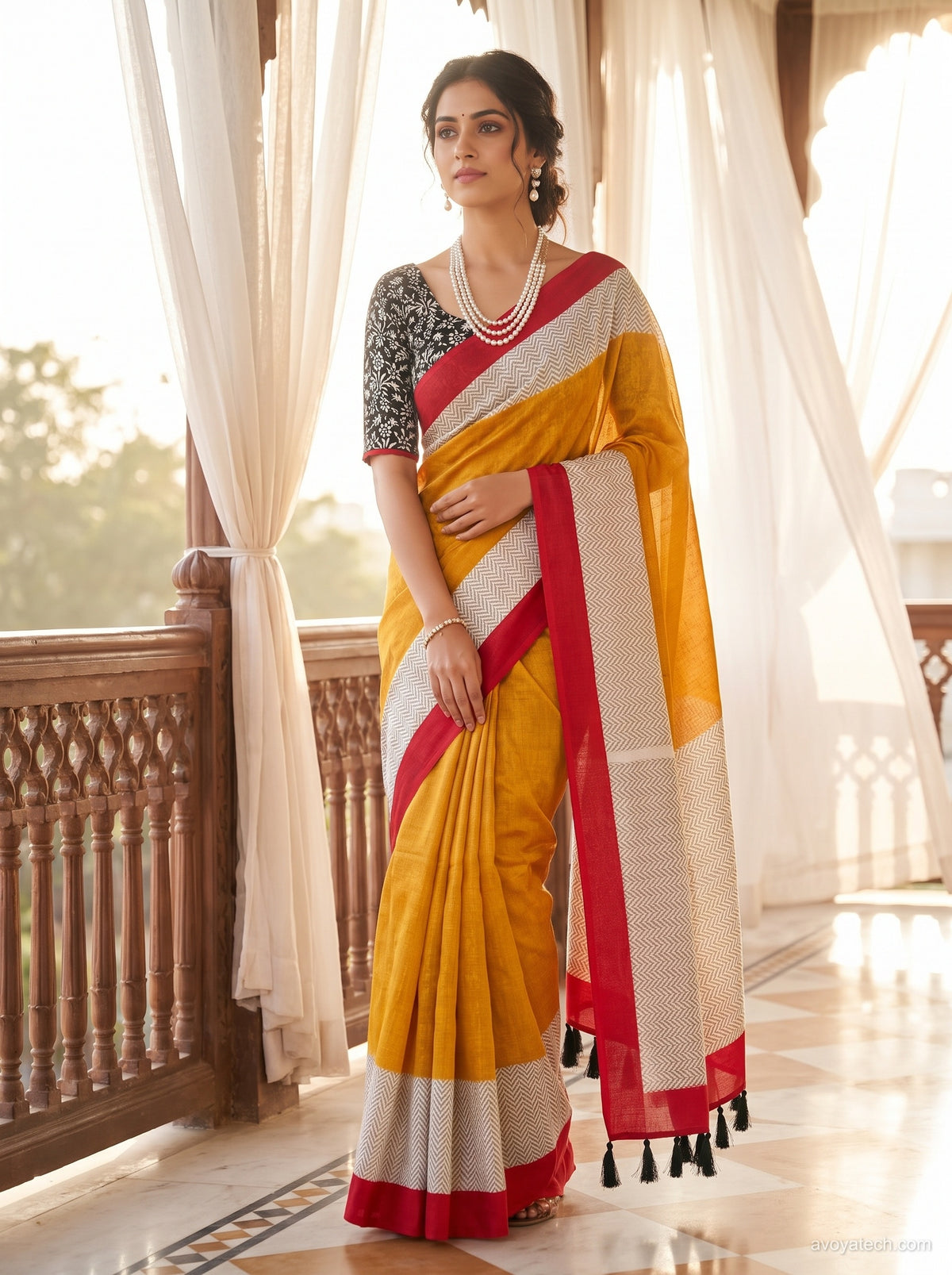 Yellow Cotton Saree with Red Border & Printed Pallu