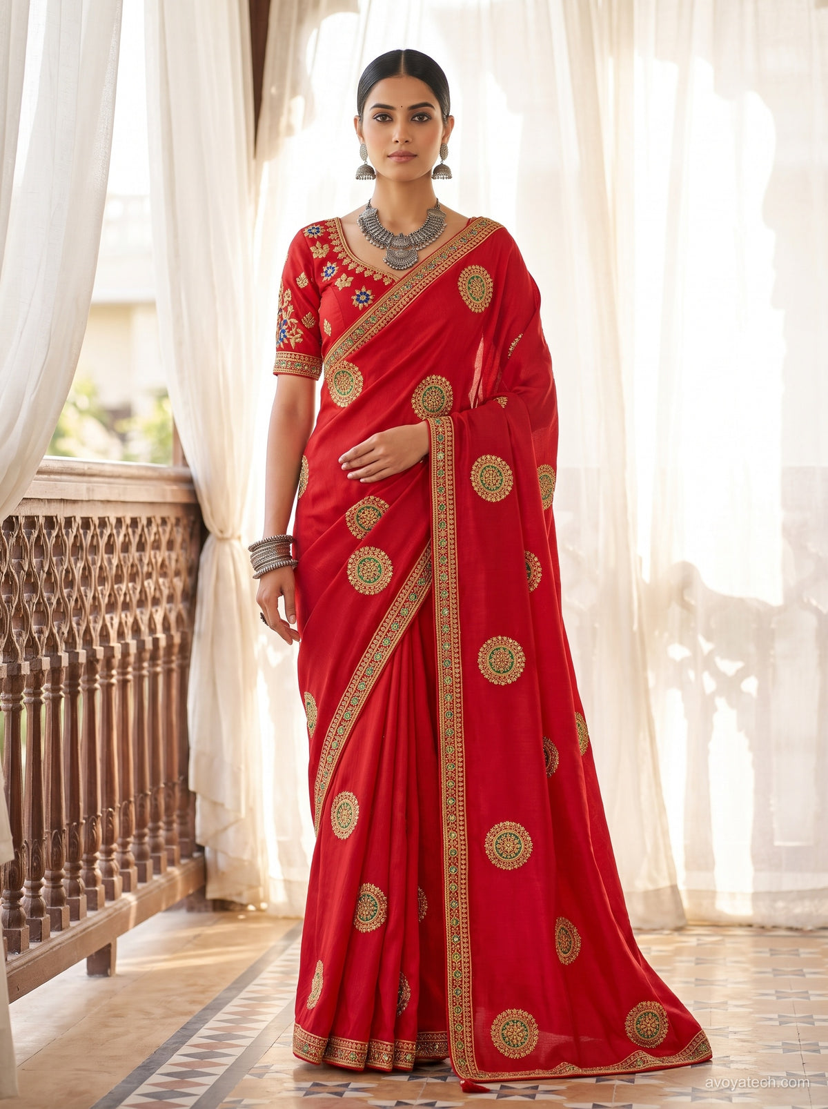 Red Soft Fabric Saree with Traditional Floral Embroidery Main image