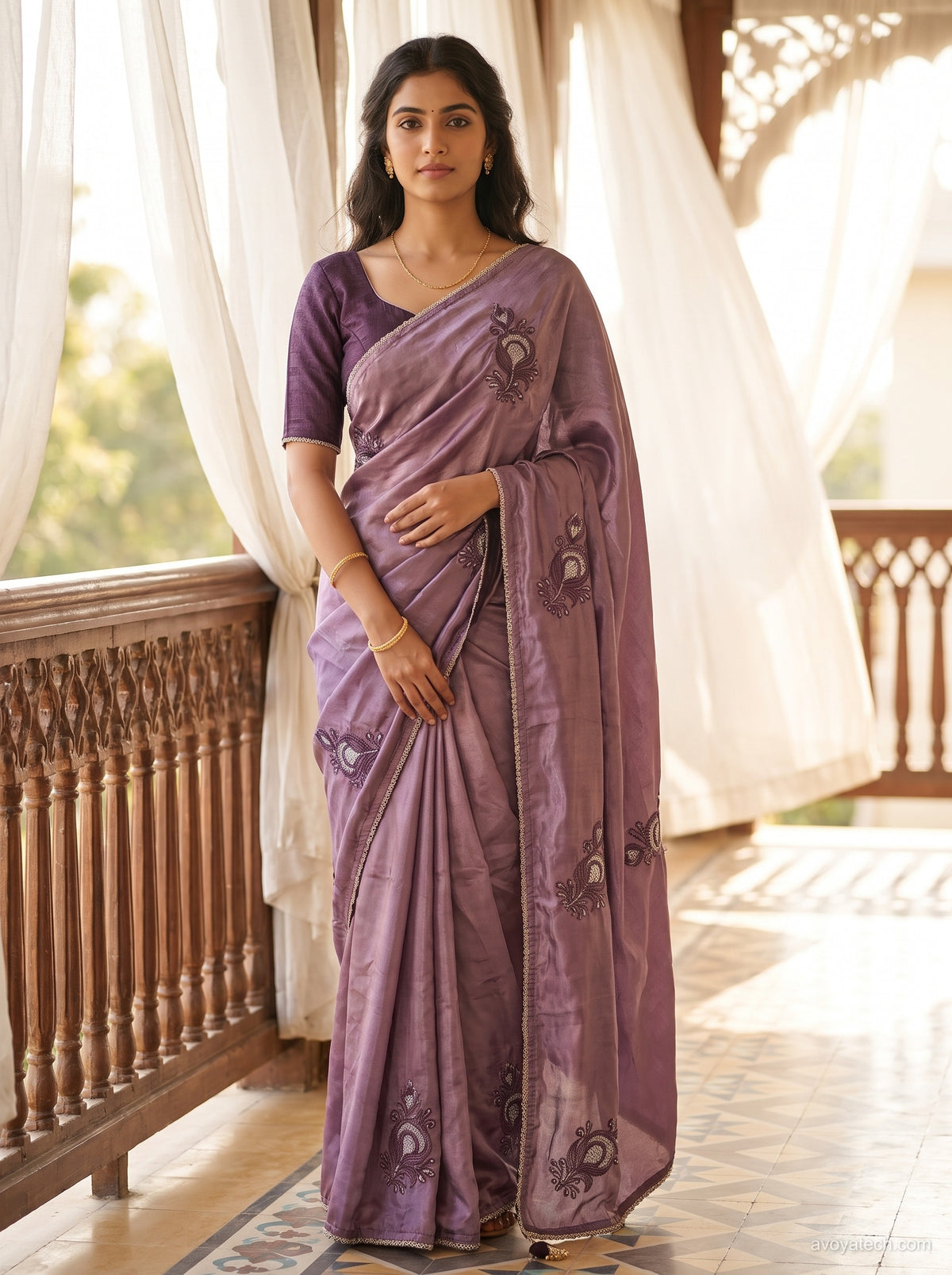Mauve Silk Saree with Intricate Paisley Embroidery Main image