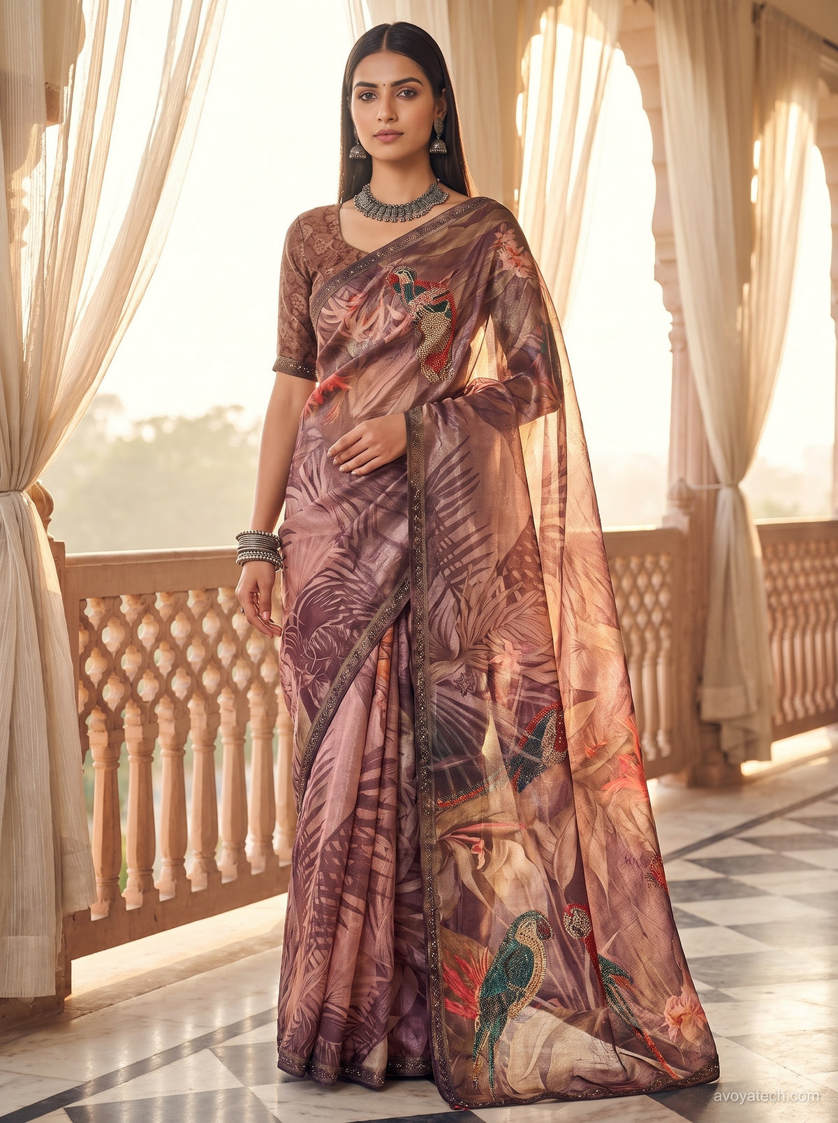 Dusty Rose Soft Fabric Saree with Peacock Print Main image