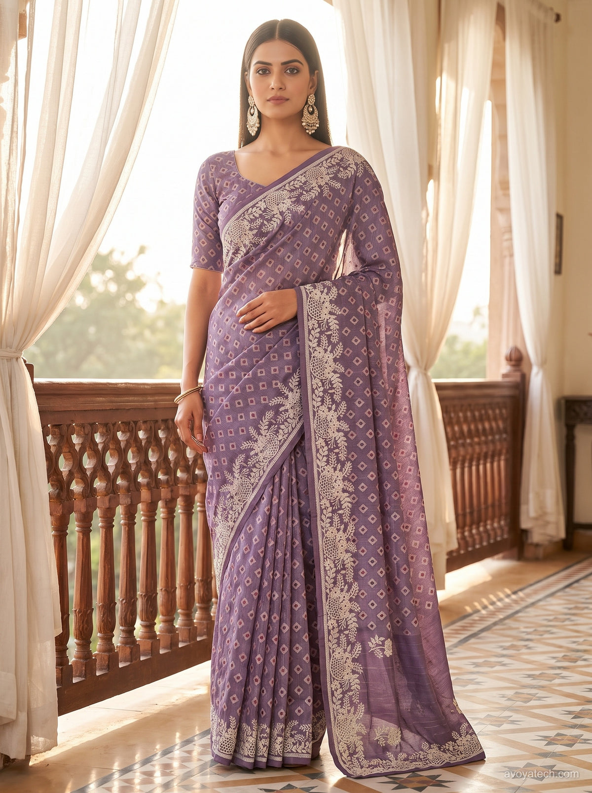 Lavender Soft Fabric Saree with Geometric Print Main image