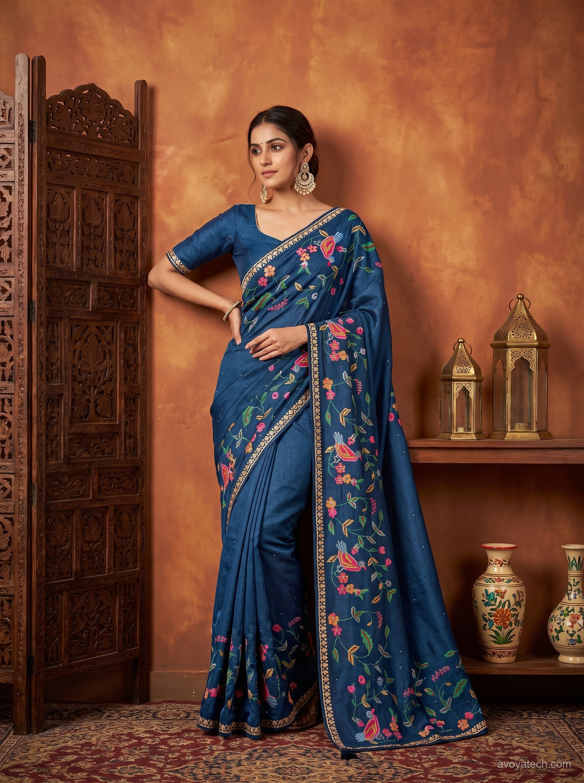 Royal Blue Floral Embroidered Saree with Multicolour Border