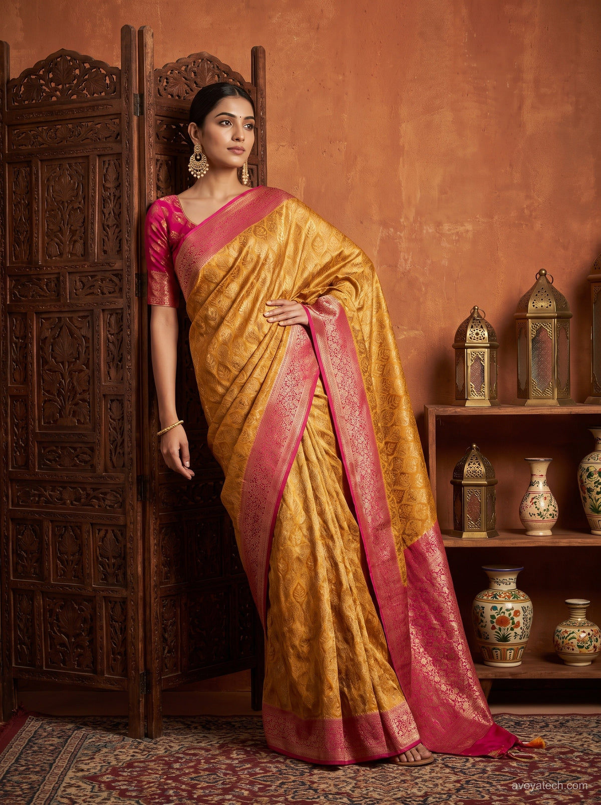 Mustard Yellow and Coral Pink Traditional Printed Saree