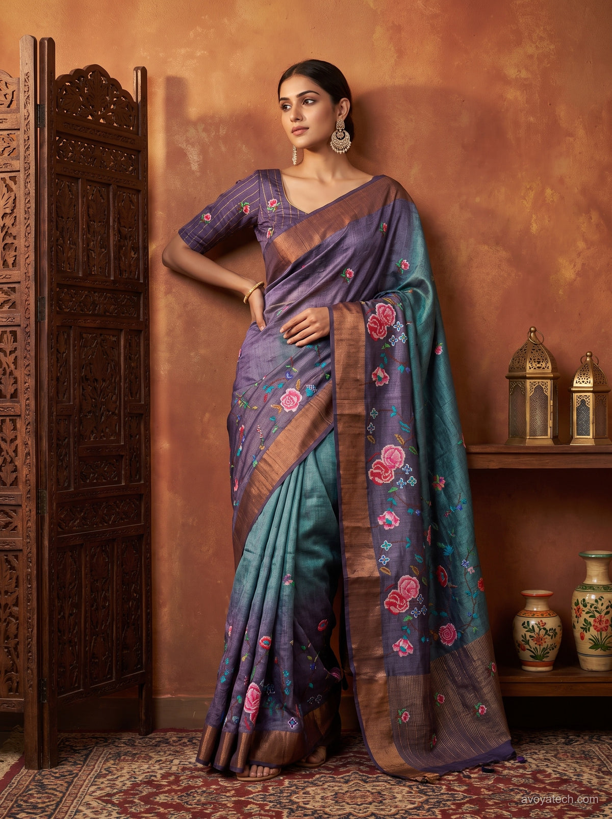 Teal Blue & Lavender Floral Printed Saree