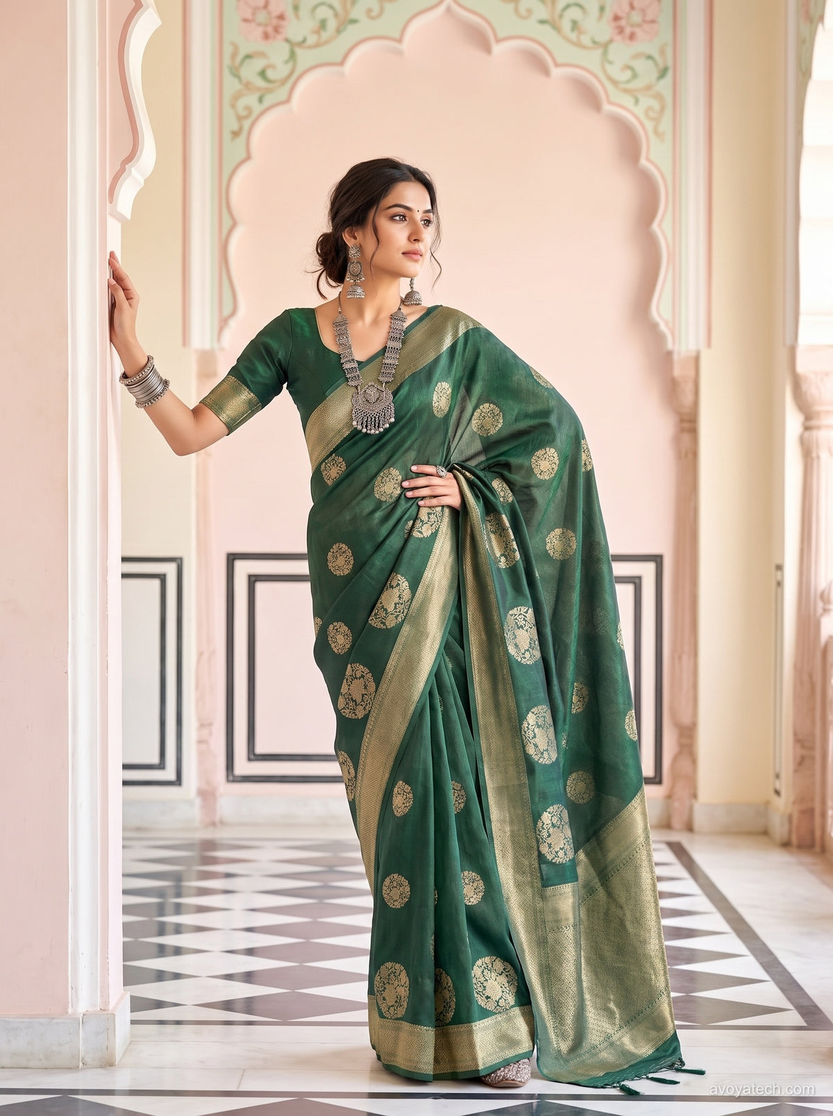 Bottle Green Silk Saree with Golden Butti & Zari Border Main image