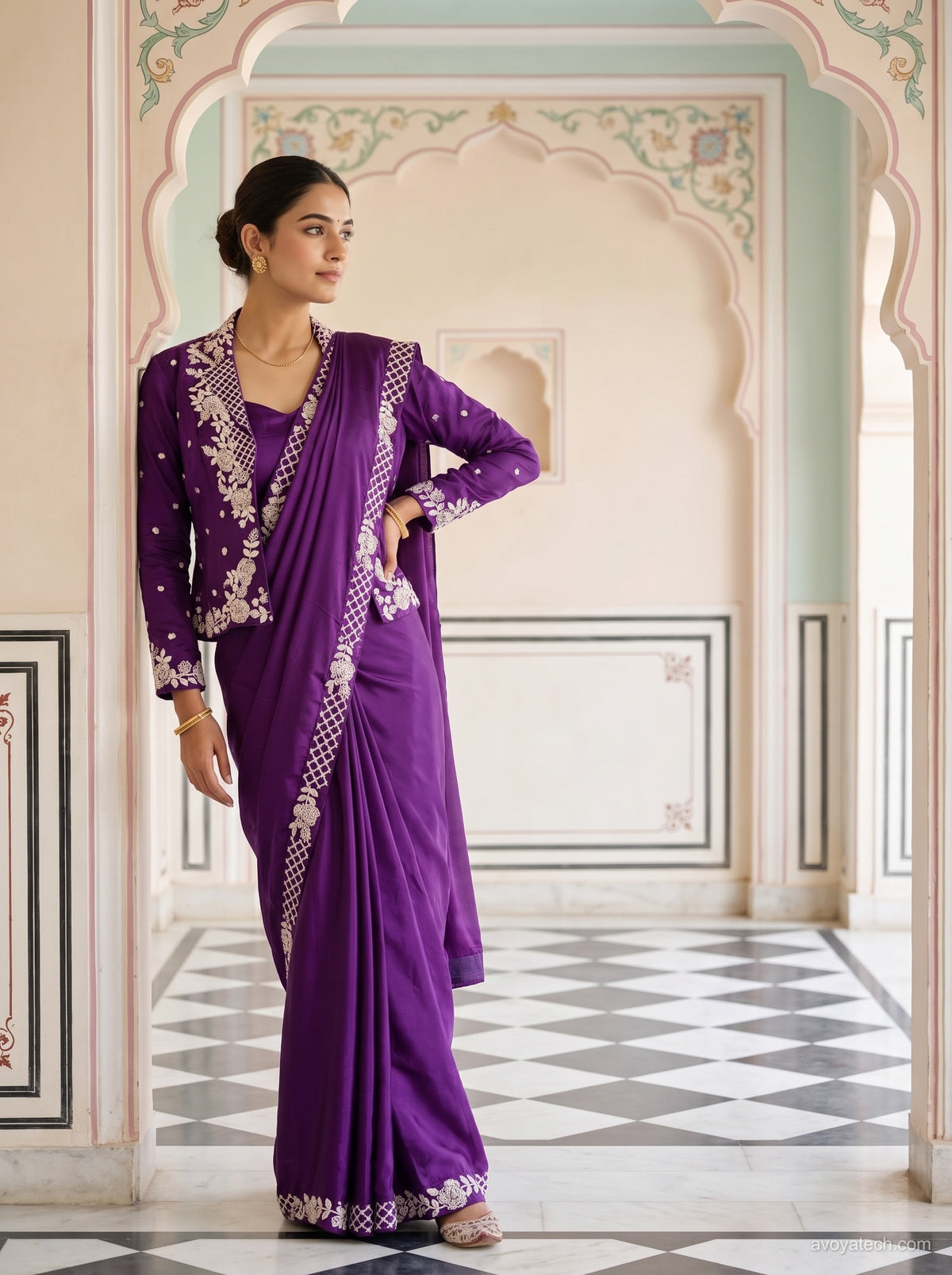 Royal Purple Silk Saree with Elegant Silver Embroidery Main image