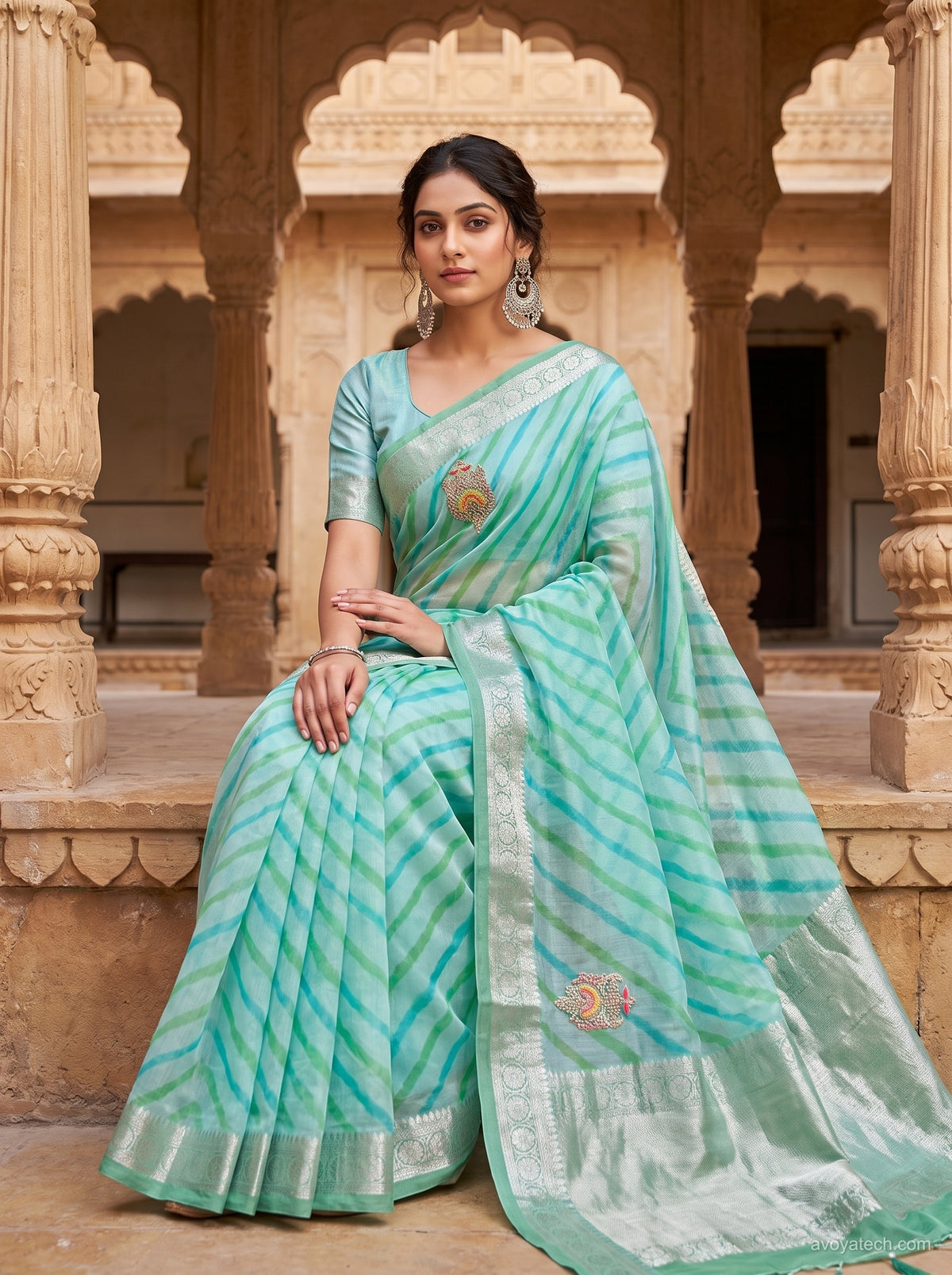 Mint Green Striped Saree With Floral Border