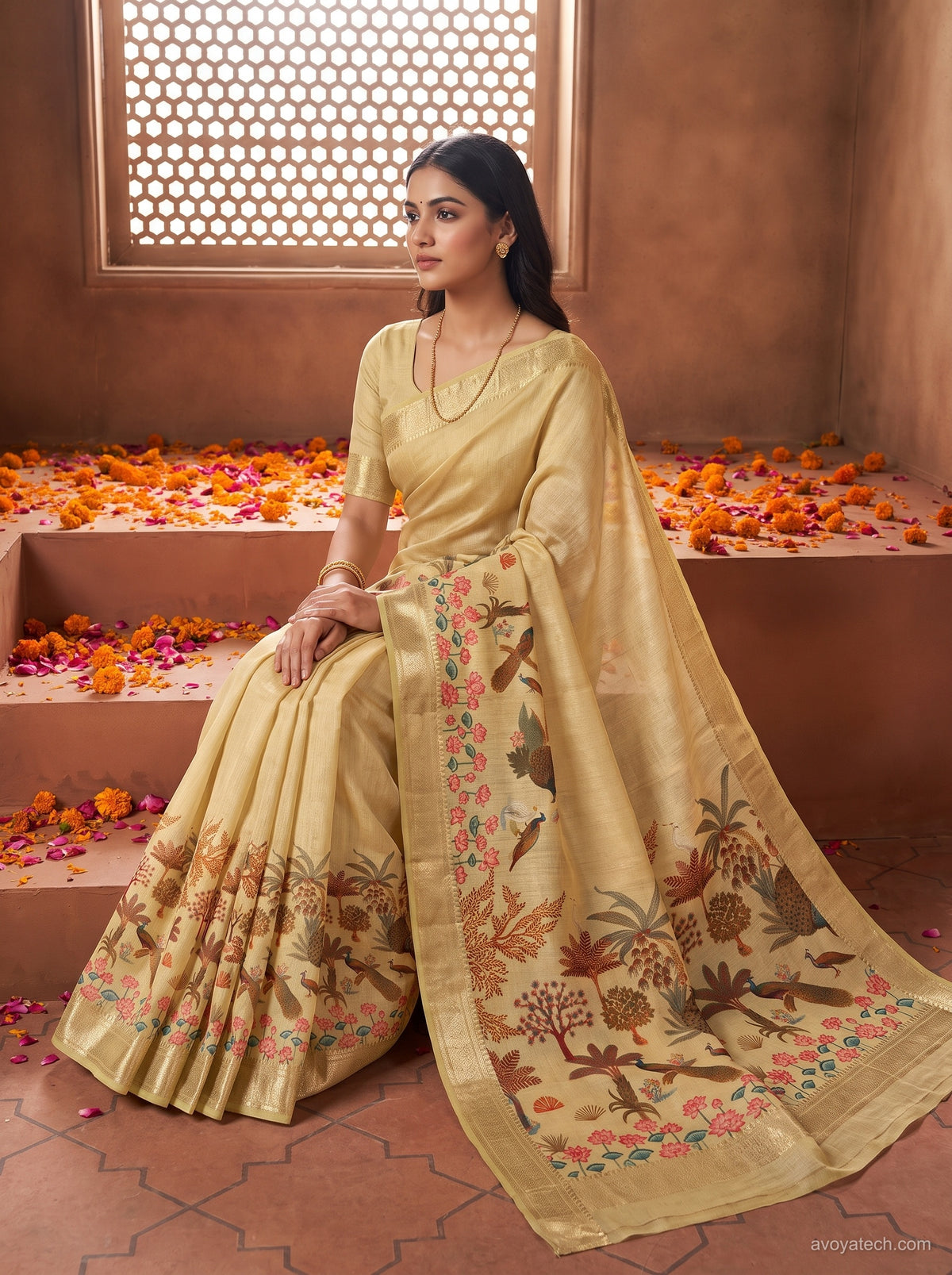 Yellow Floral Printed Saree