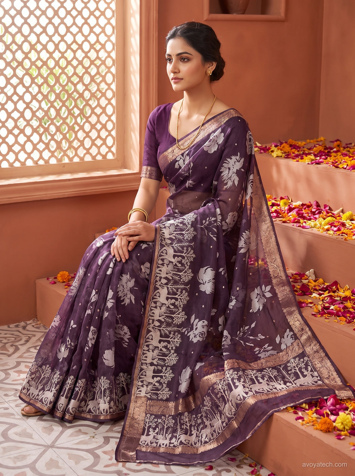 Wine Purple Floral Printed Saree