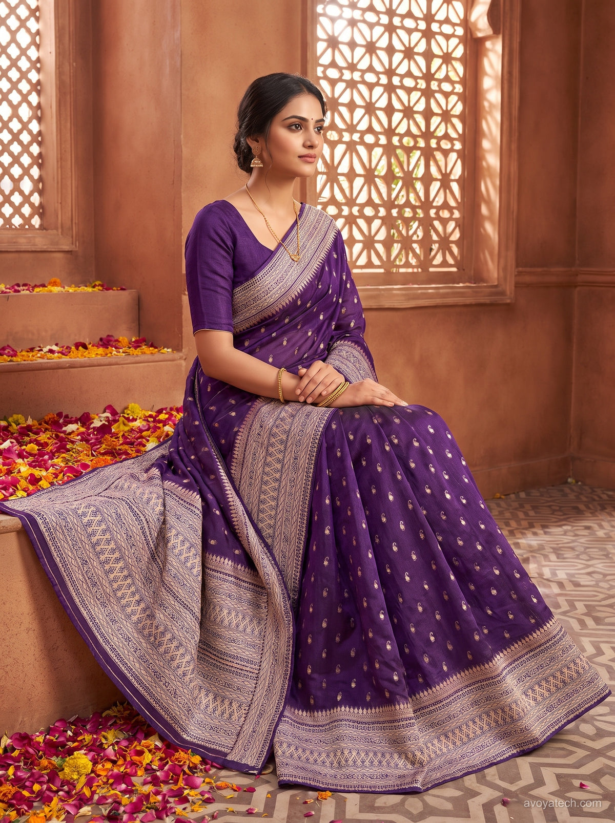 Purple & Silver Printed Saree