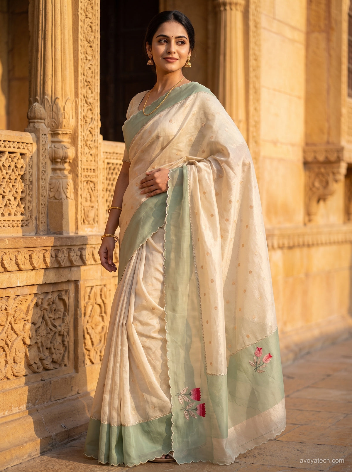 Ivory Mint Green Floral Printed Saree