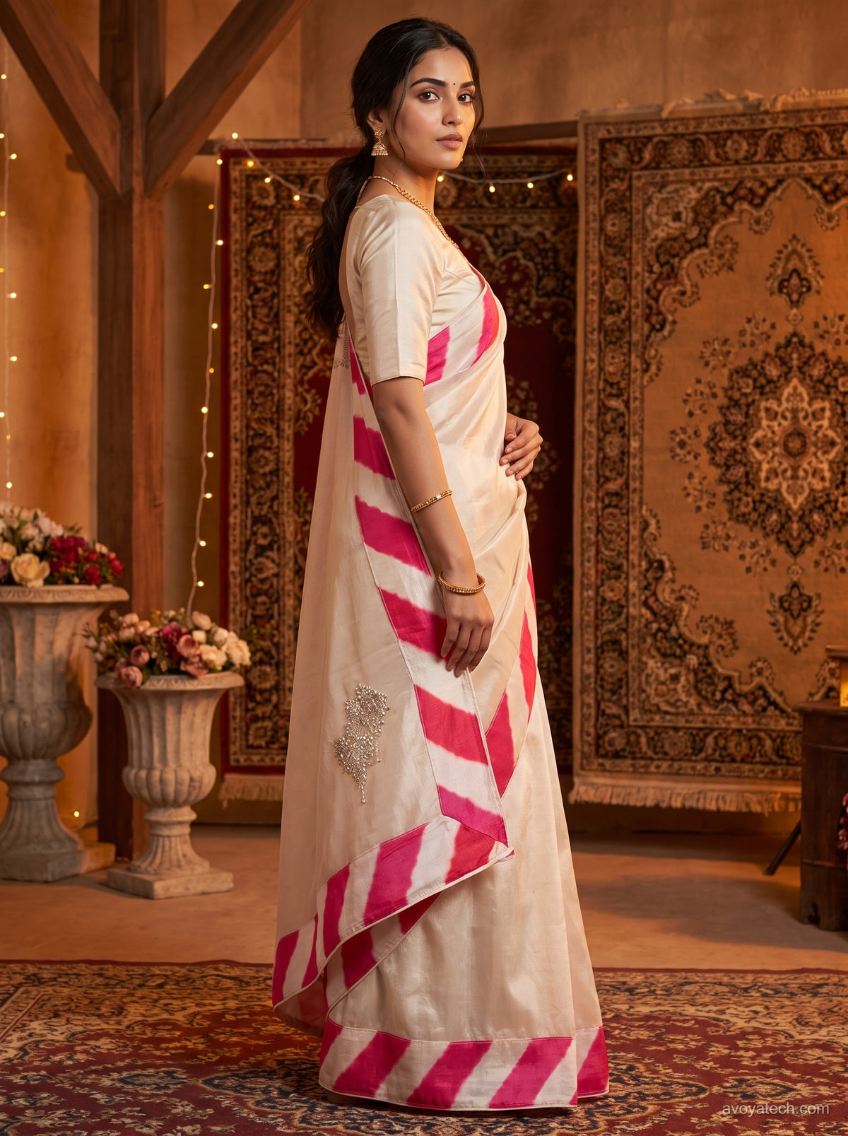 Ivory White Saree with Coral Pink Chevron Border