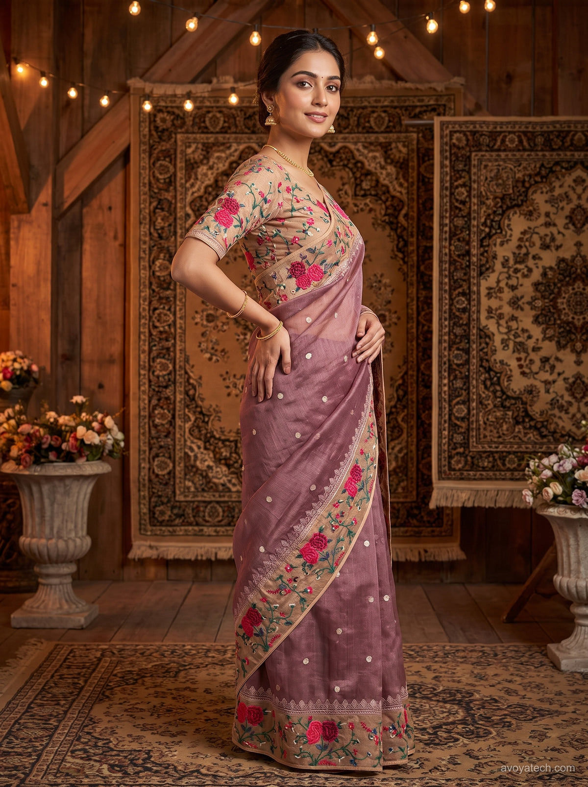 Dusty Rose Pink Saree with Multicolour Floral Embroidered Border