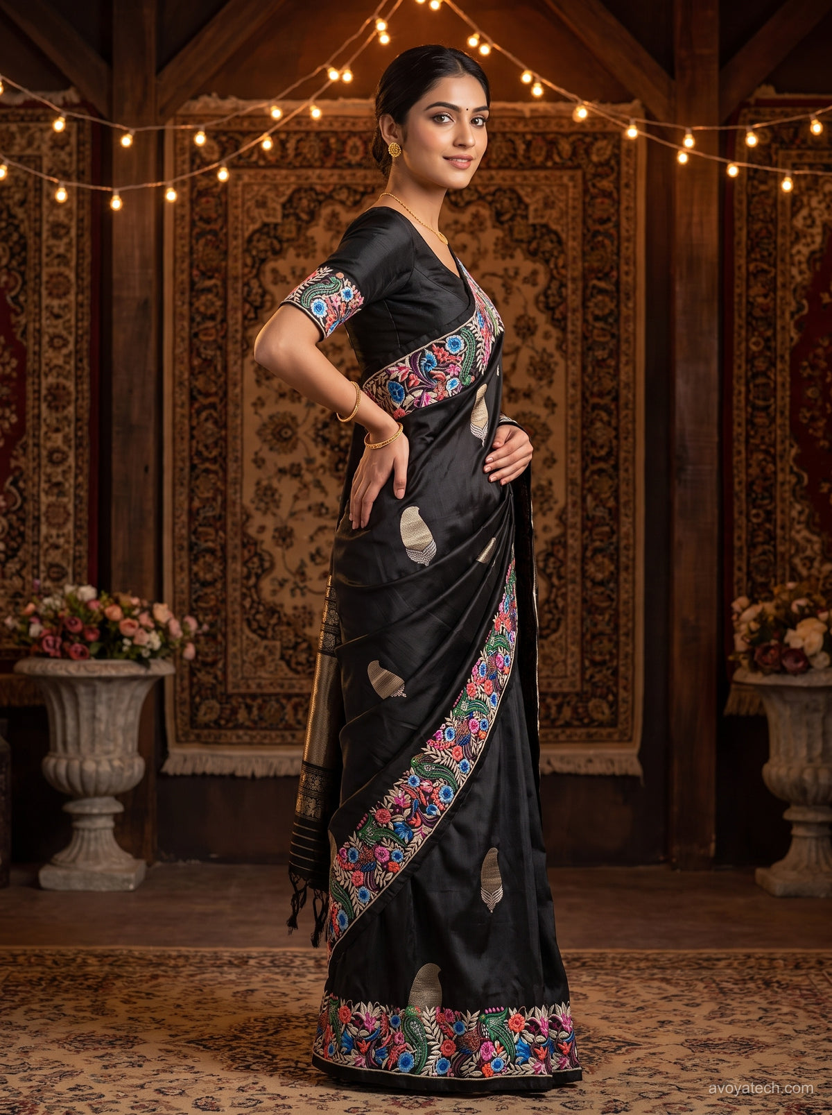 Black Saree with Multicolour Floral Embroidered Border